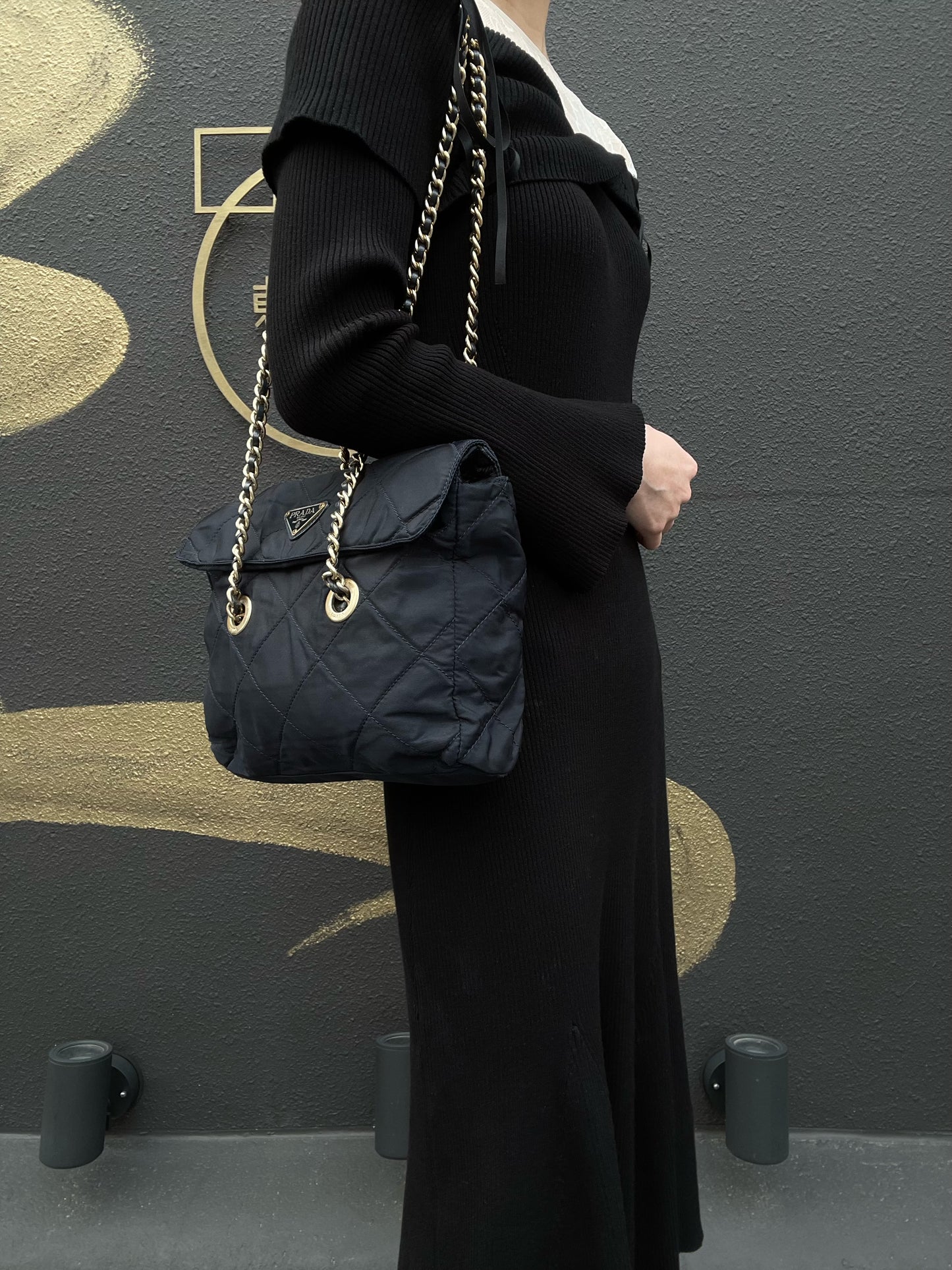 PRADA Nylon Chain Shoulder Bag, Navy, Gold Hardware, with dust bag