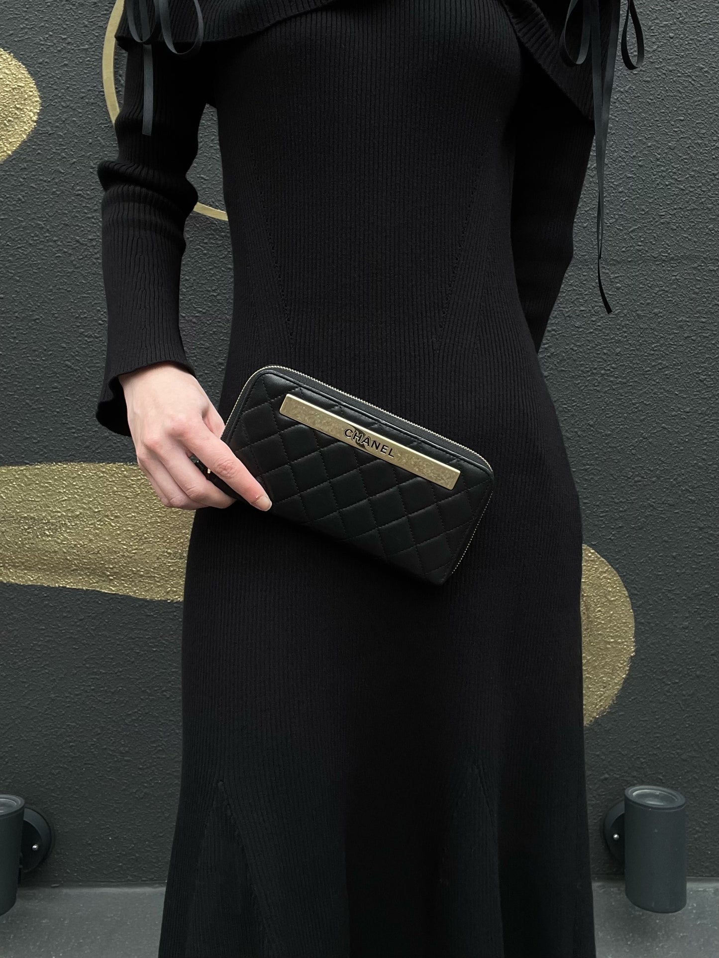 CHANEL Black Lambskin Quilted Long Wallet with Gold Hardware