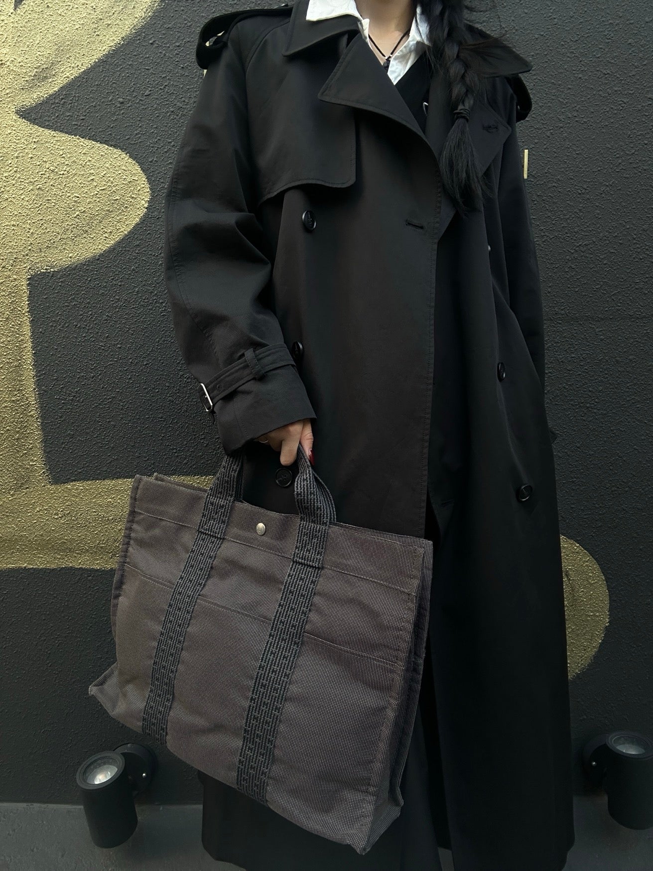 Hermes Herline MM Canvas Tote Bag in Gray/Black