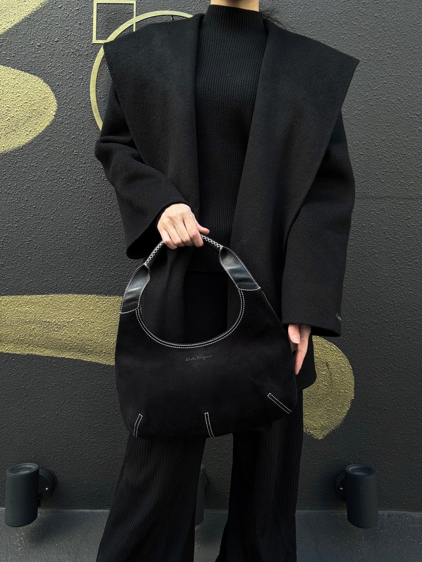 SALVATORE FERRAGAMO Ferragamo handbag suede black with dust bag black suede underarm bag
