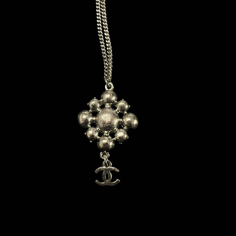 CHANEL Necklace, Silver-tone Hardware, Silver, Alloy with Rhinestones, Flower Necklace