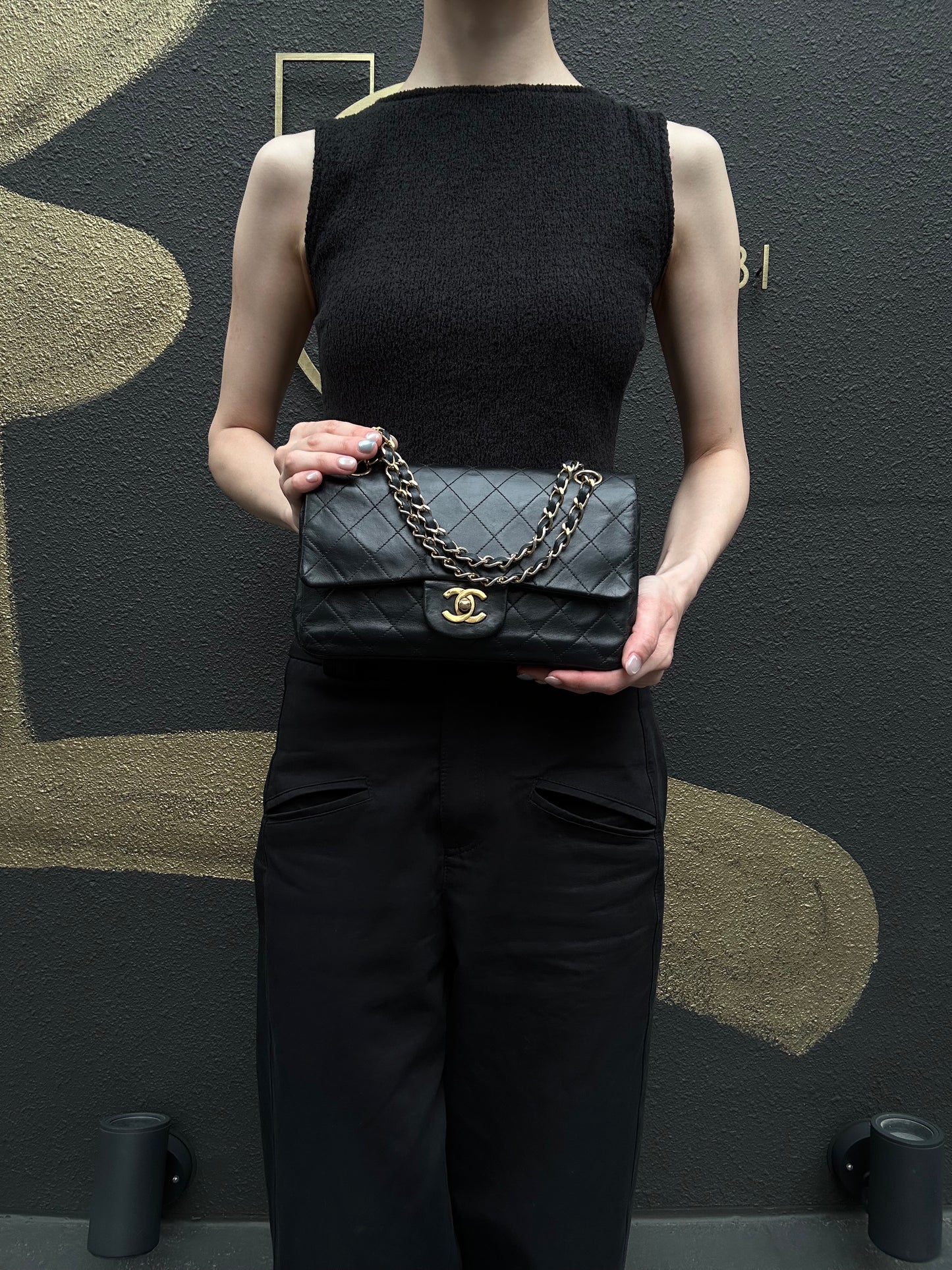 CHANEL Matelasse Classic Flap Shoulder Bag Lambskin Black Gold Hardware