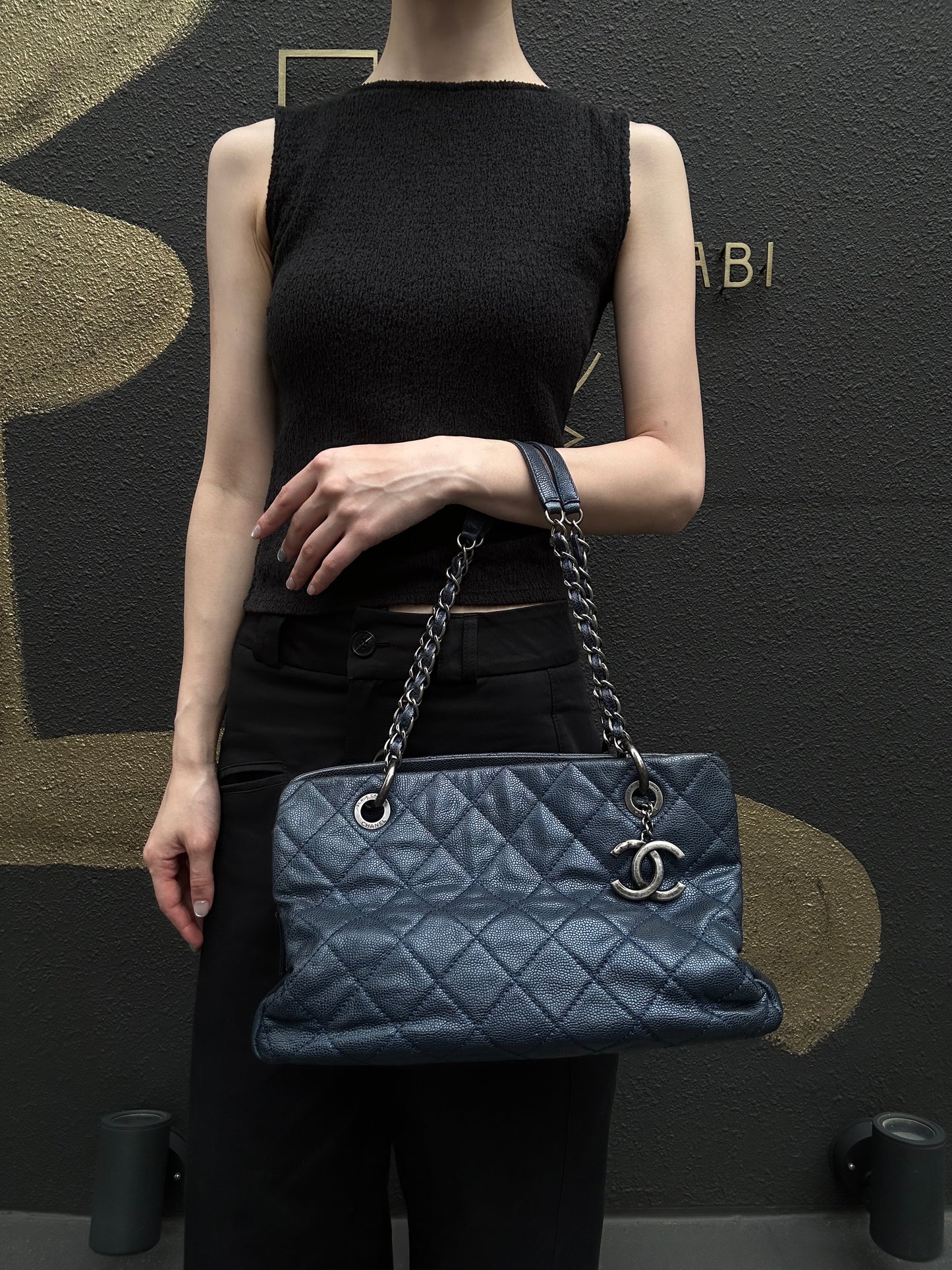 CHANEL Matelasse Calfskin Tote Shoulder Bag Navy Blue Silver Hardware