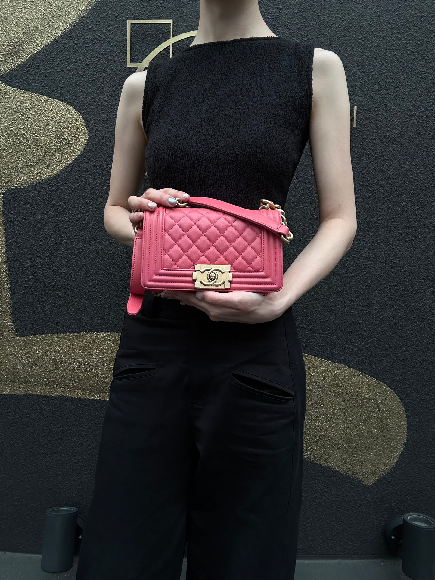 CHANEL Boy Shoulder Bag Lambskin Pink Gold Hardware