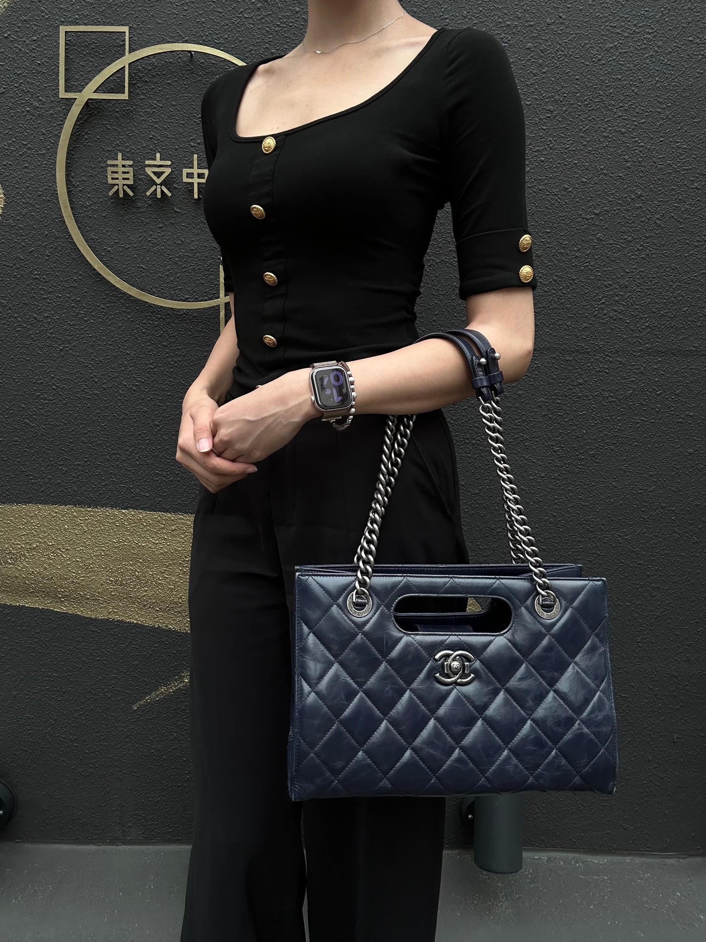 CHANEL Matelasse Lambskin Tote Bag Black Silver-Tone Hardware