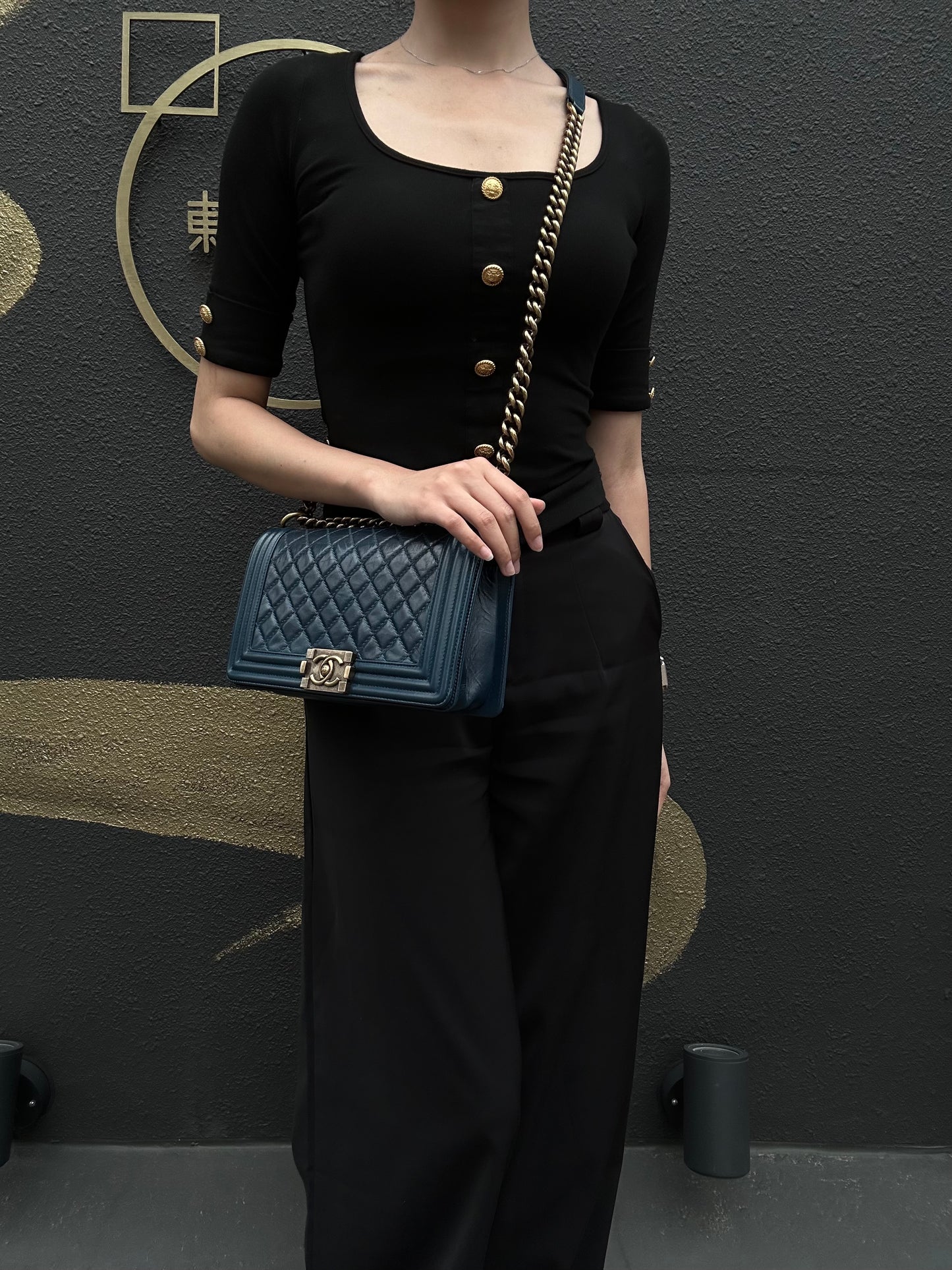CHANEL Boy Quilted Lambskin Shoulder Bag Navy Gold Hardware
