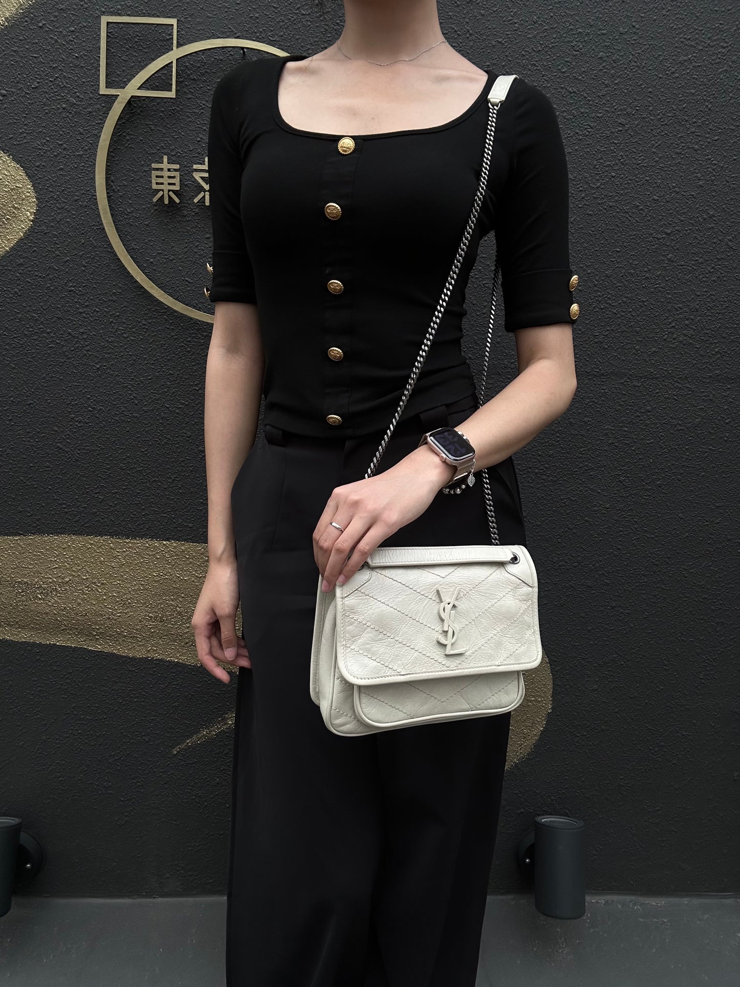 YVES SAINT LAURENT NIKI Leather Shoulder Bag White Dark Silver-Tone Hardware