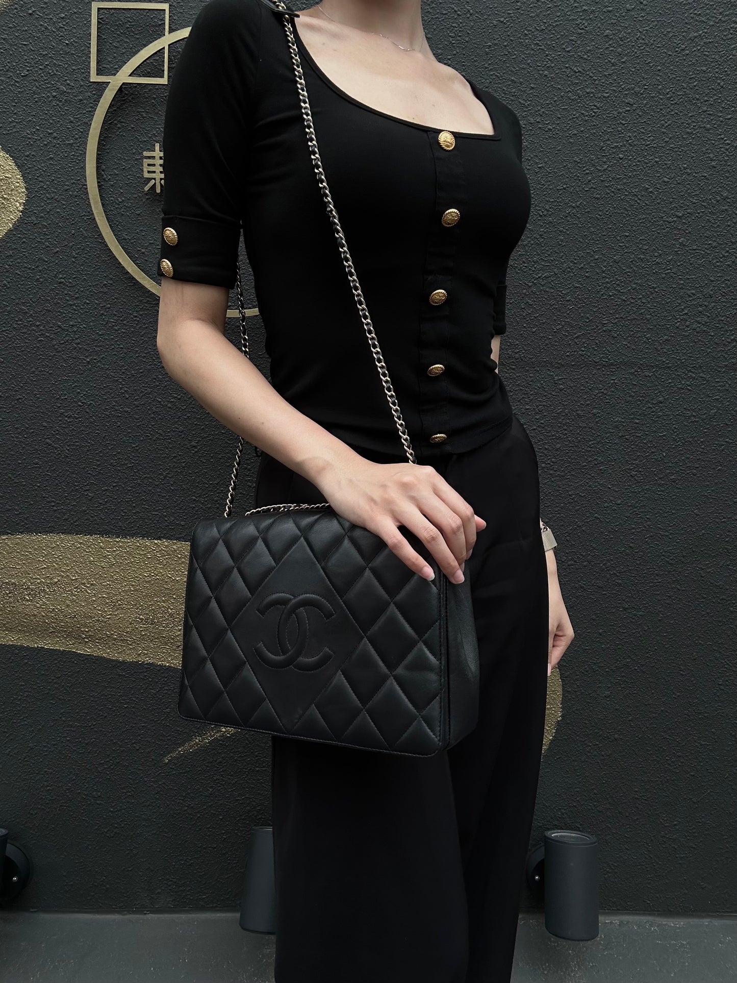 CHANEL Matelassé Chain Tote Shoulder Bag Lambskin Black Large Double CC Logo