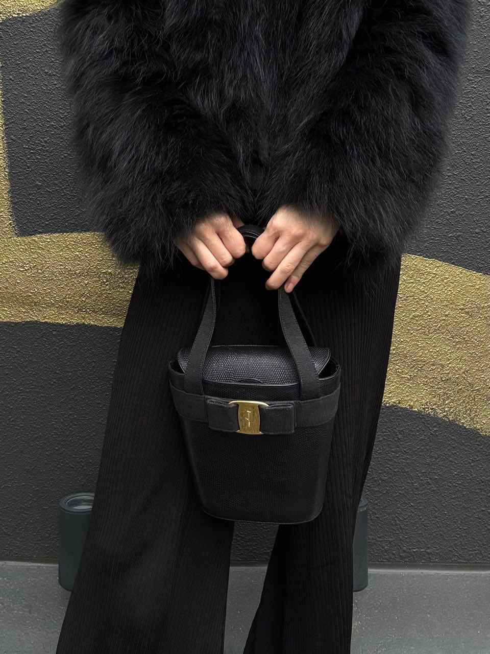 Salvatore Ferragamo black PVC lizard-embossed handbag with gold-tone hardware
