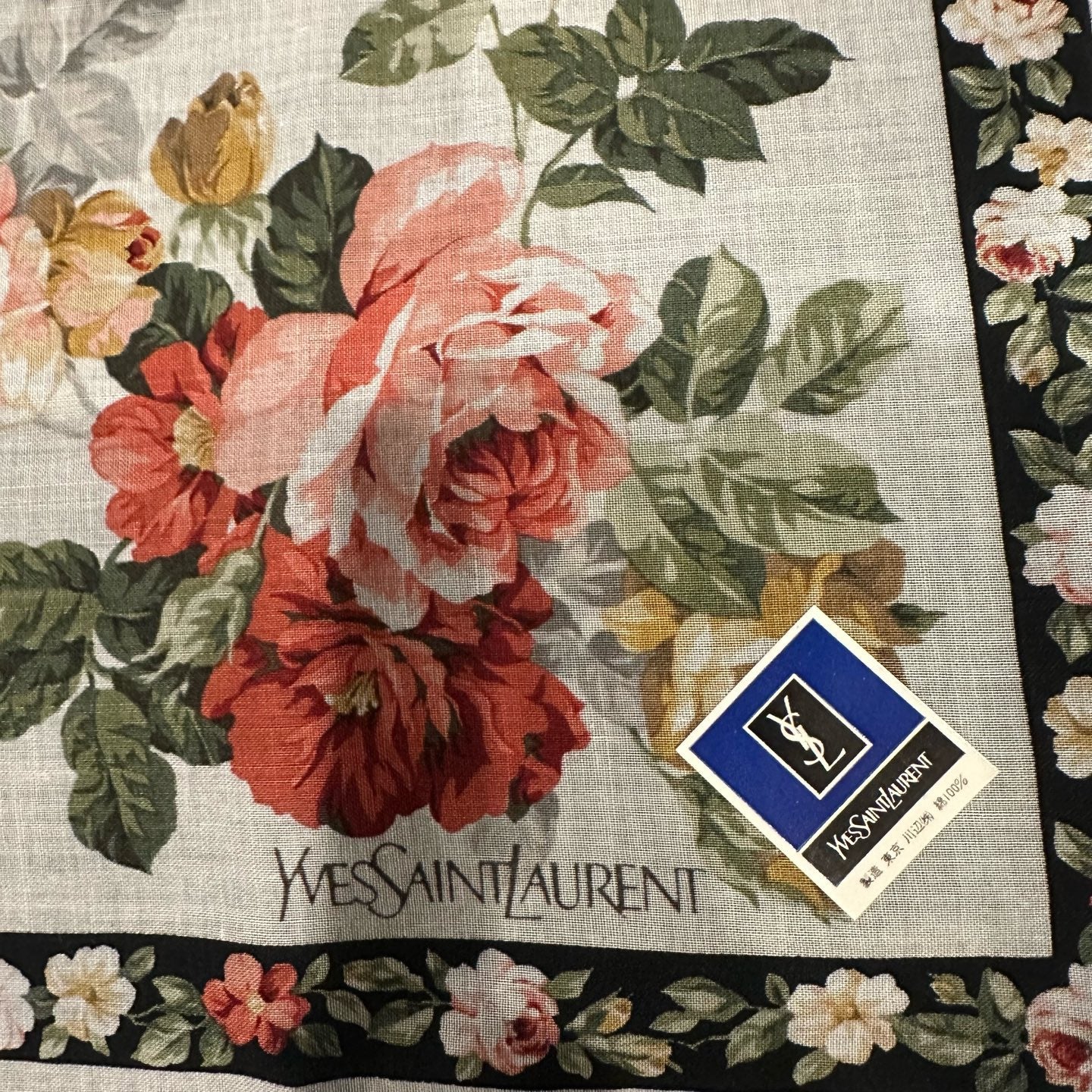 YSL Saint Laurent Handkerchief Rose Silk Scarf Square Scarf