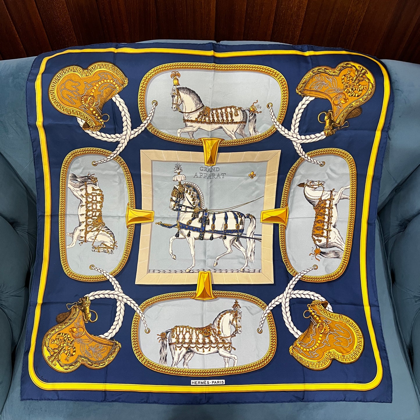 HERMES Carre 90 Grand Apparat Silk Scarf Blue x Yellow Equestrian Horse Pattern Luxury Classic