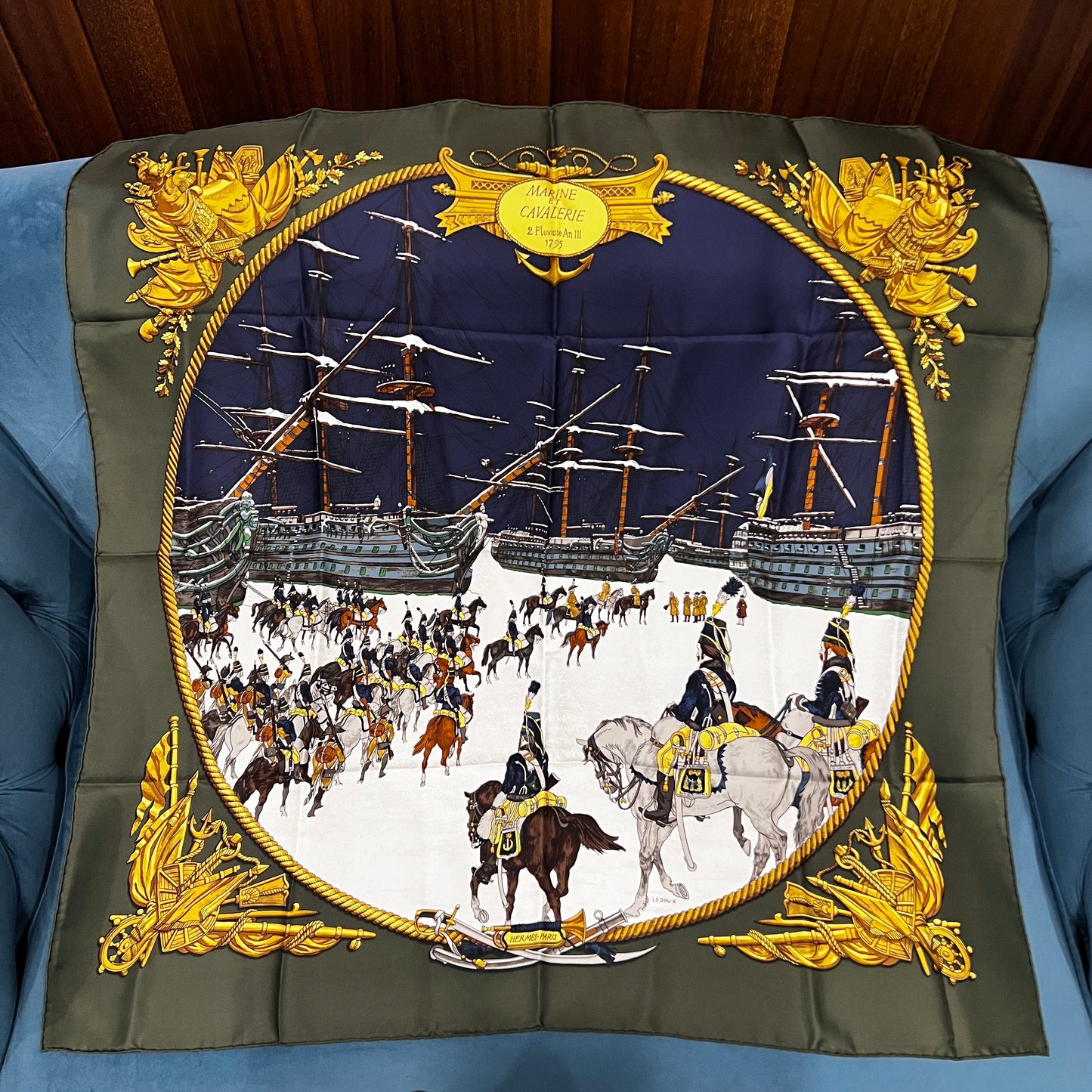 HERMES Carre 90 Marine et Cavalerie Silk Scarf Khaki Green Navy Nautical Cavalry Print Vintage Classic
