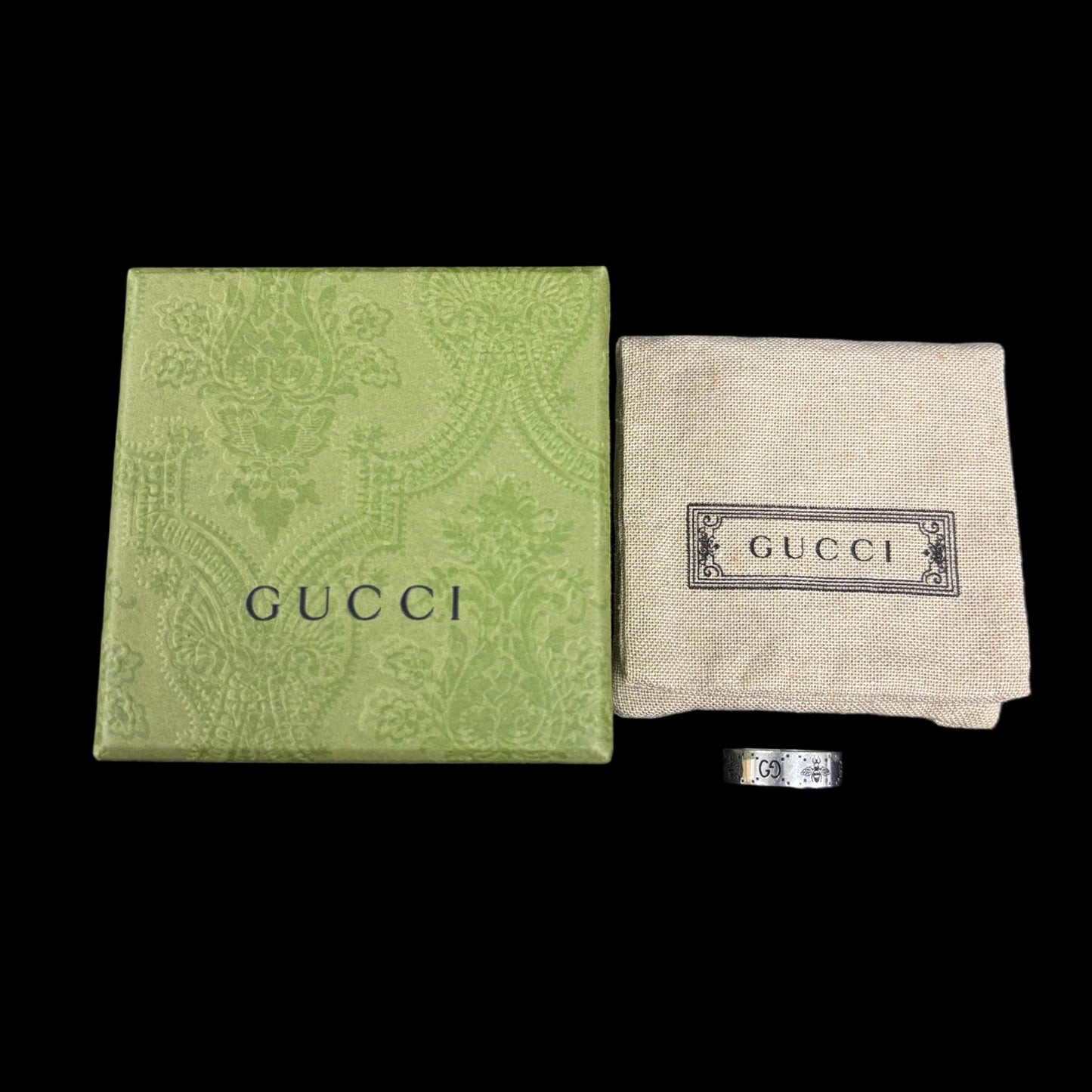GUCCI GG & Bee Ring #13 925 Silver Total Weight Approx 7.8g Vintage Finish Wide Band Bee Motif GG Logo Box