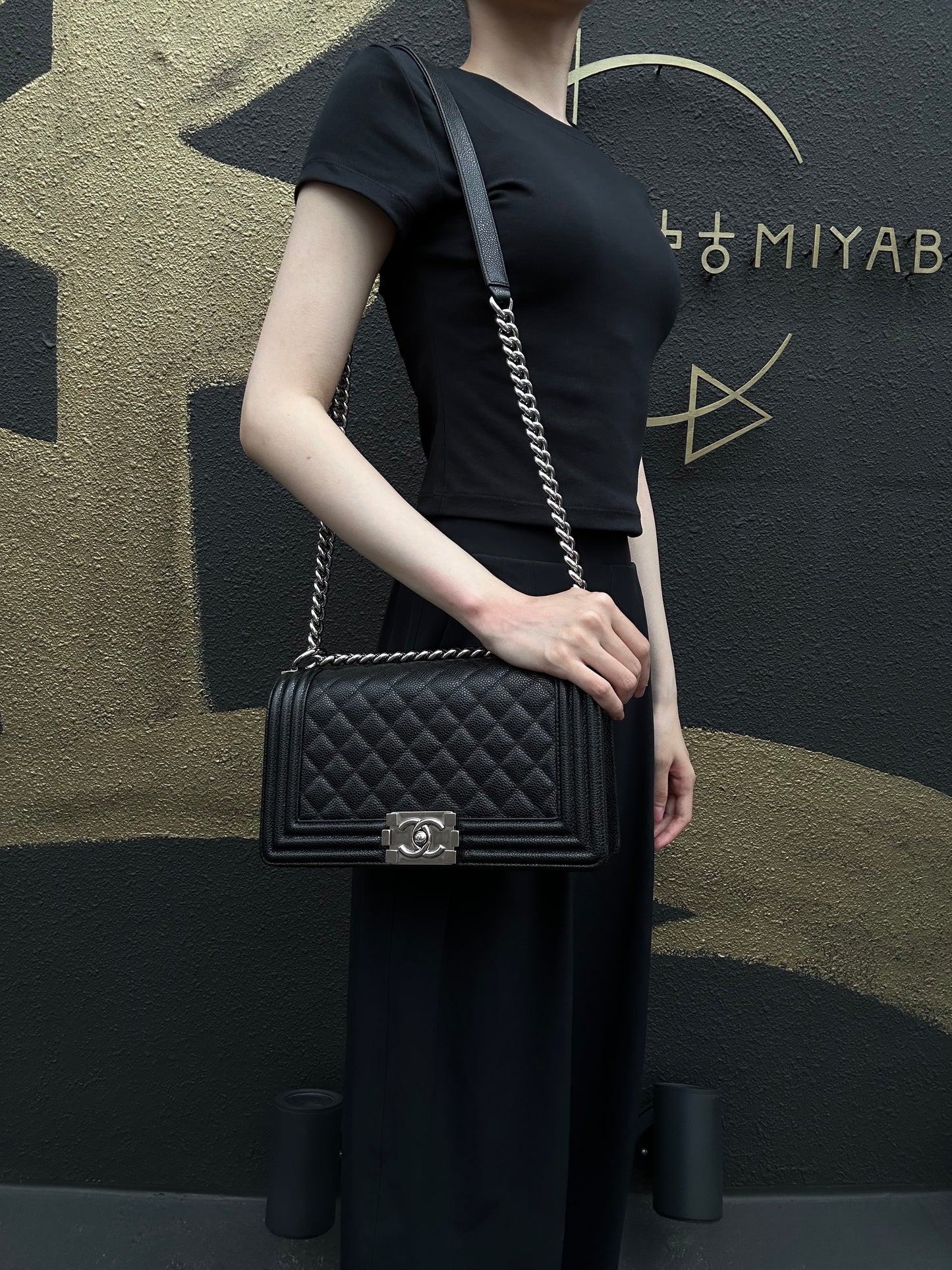 CHANEL Boy Leboy Matelasse Caviar Shoulder Bag Black Silver Hardware