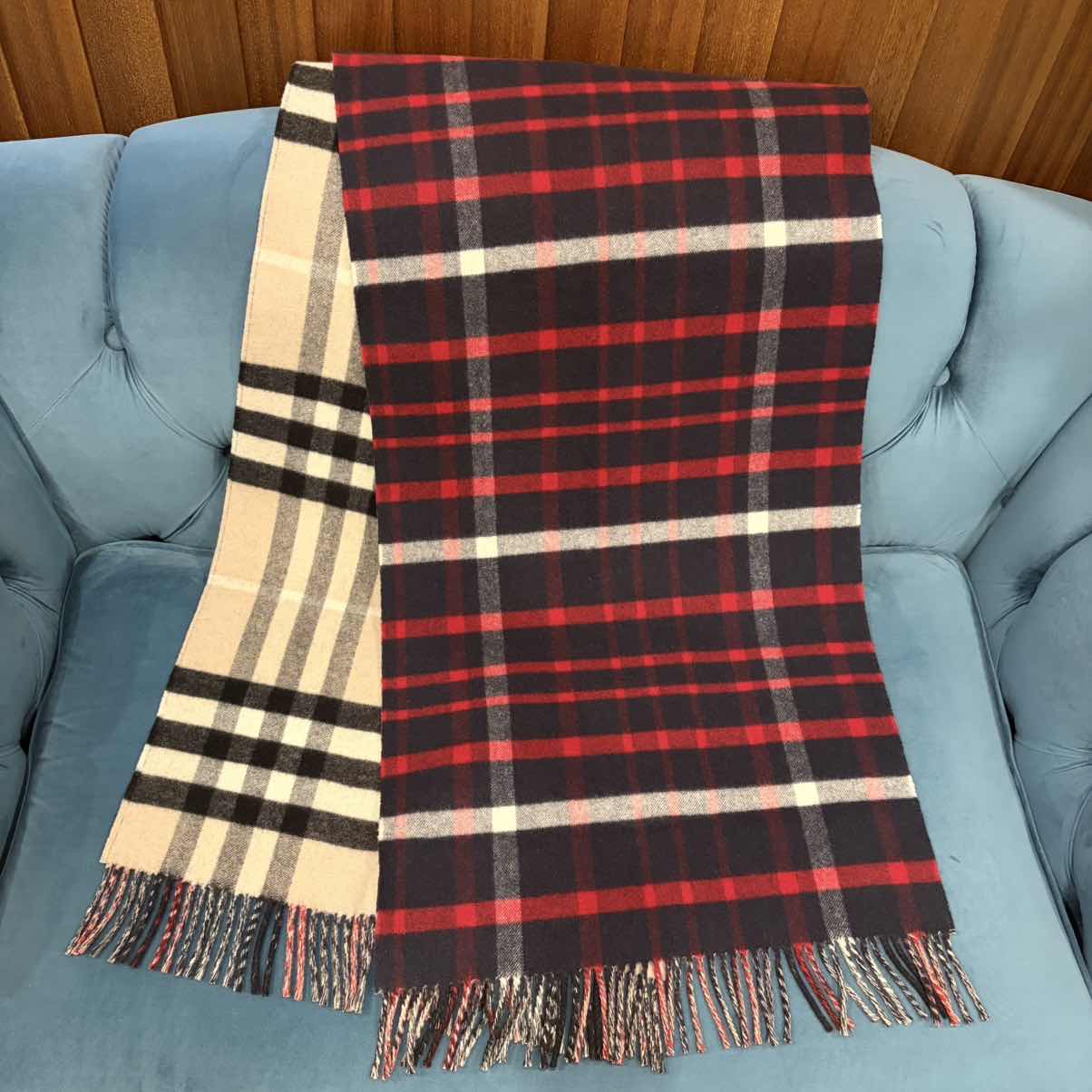 BURBERRY Classic Check Beige Stripe Reversible Wool Cashmere Scarf