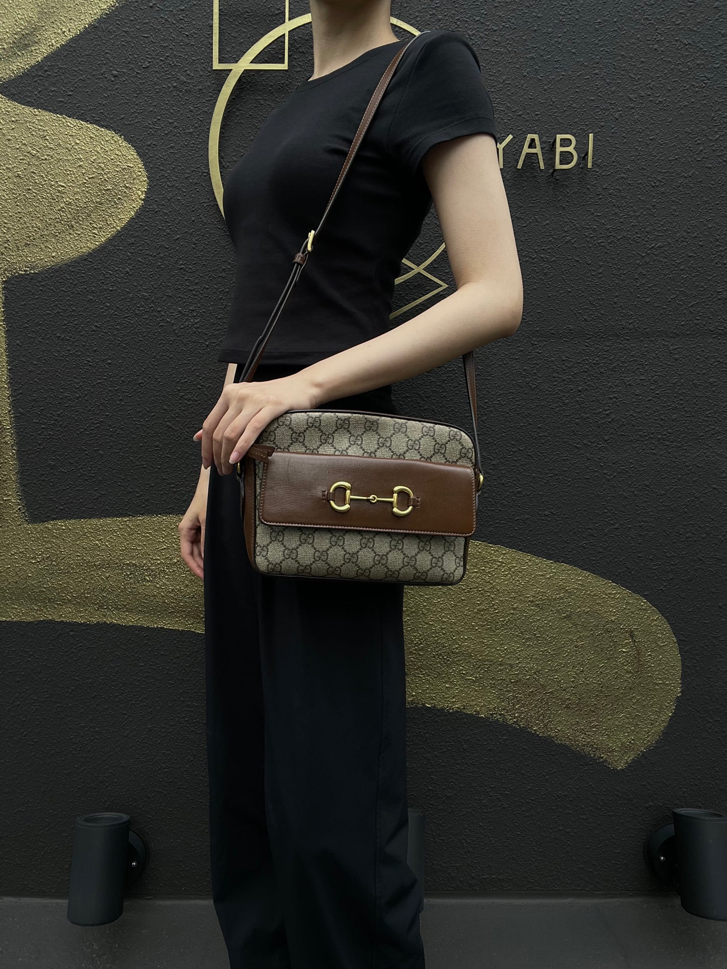 GUCCI GG Supreme Horsebit PVC Shoulder Bag Brown Gold-Tone Hardware