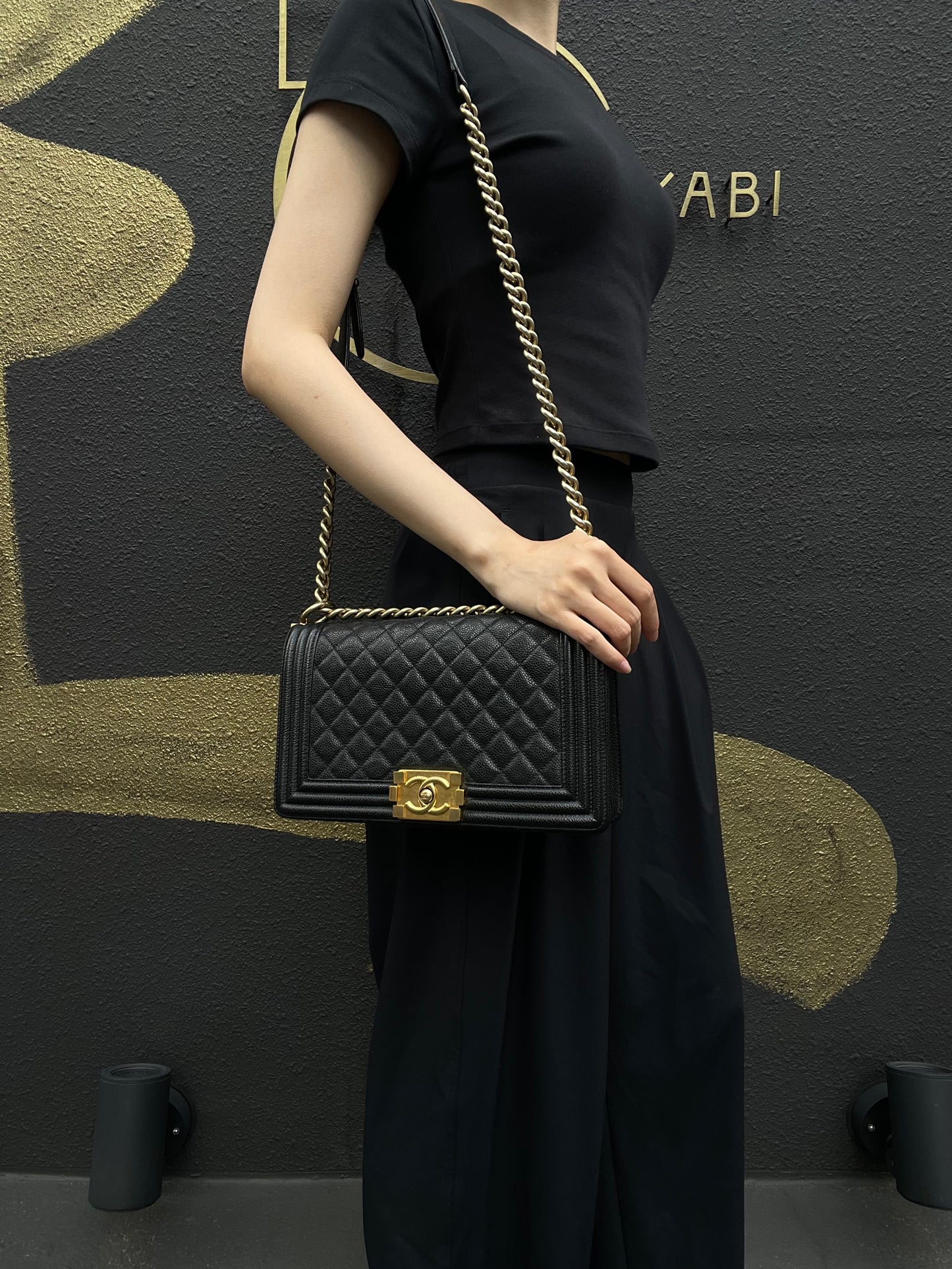 CHANEL Boy Shoulder Bag Caviar Leather Black Gold Hardware