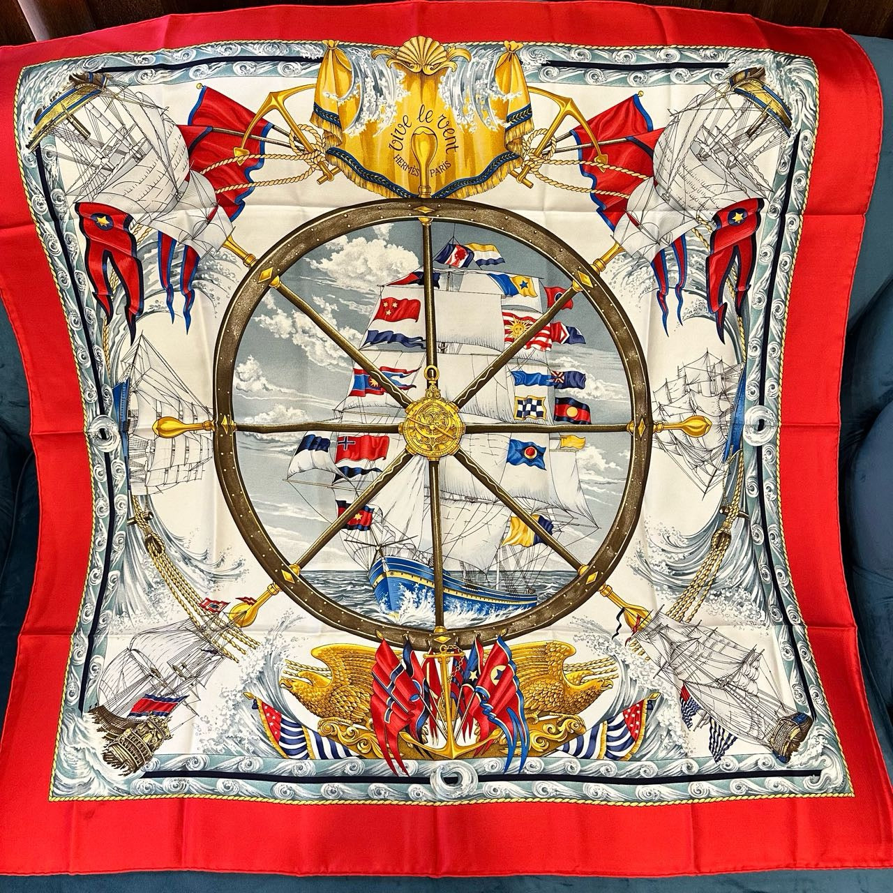 HERMES, Scarf, Red, With tag, Hermes silk scarf, red sailboat pattern