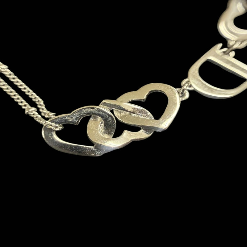 DIOR Heart CD Logo Pendant Necklace Rhinestone 925 Sterling Silver