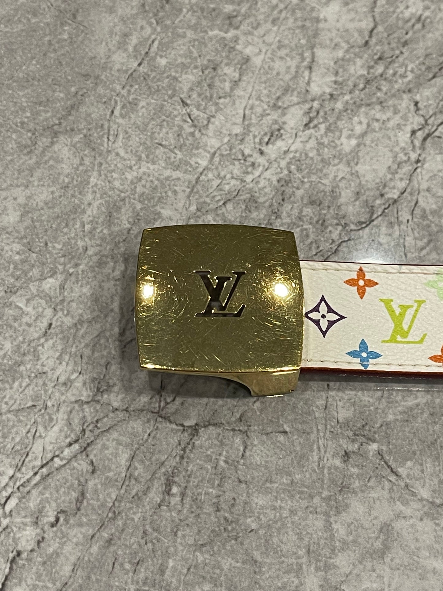 LOUIS VUITTON LV Monogram Multicolore White Canvas PVC Belt Gold Buckle With Box & Dust Bag