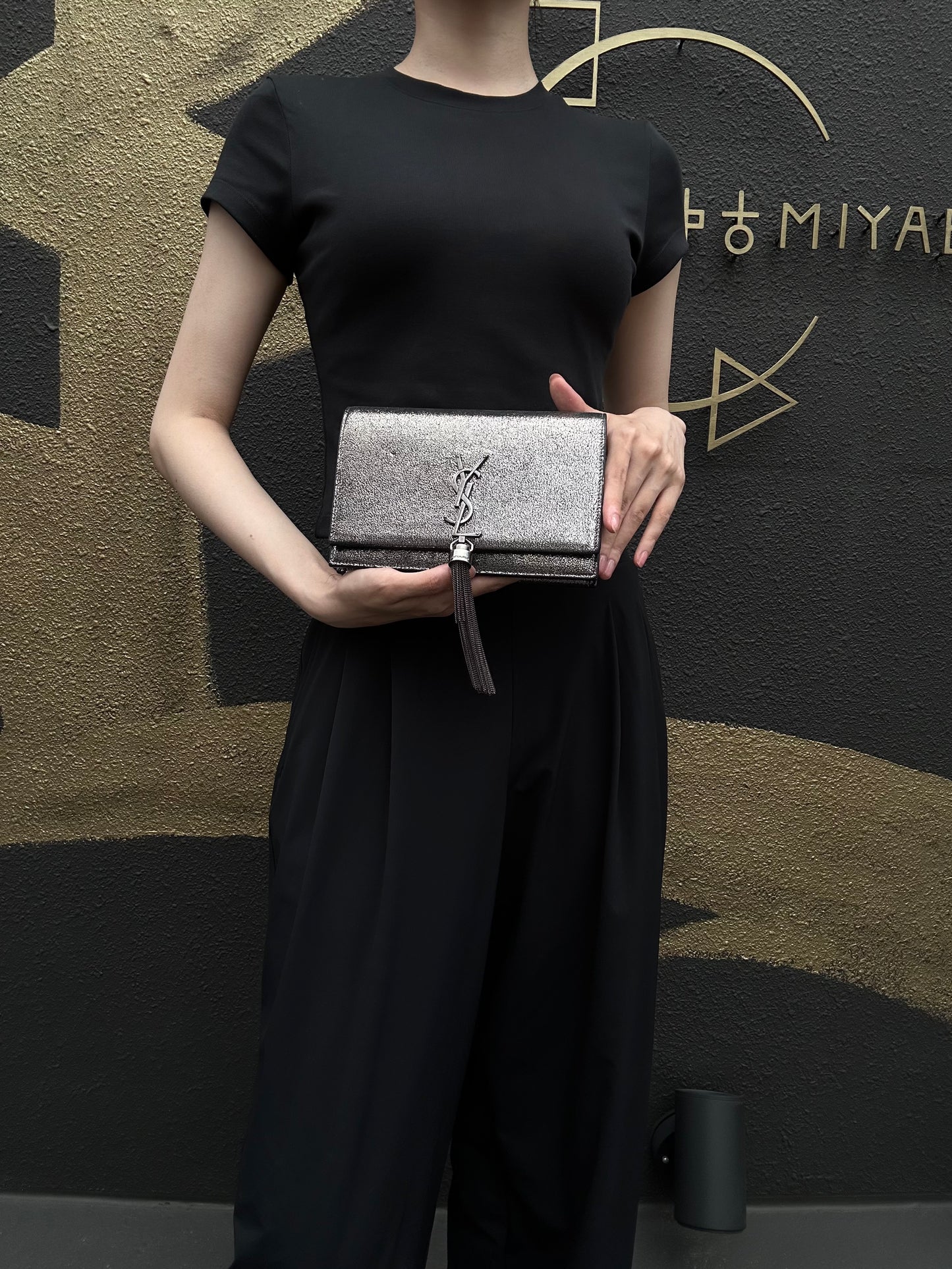 YVES SAINT LAURENT YSL Kate Tassel Shoulder Bag Silver Hardware Black Silver PVC