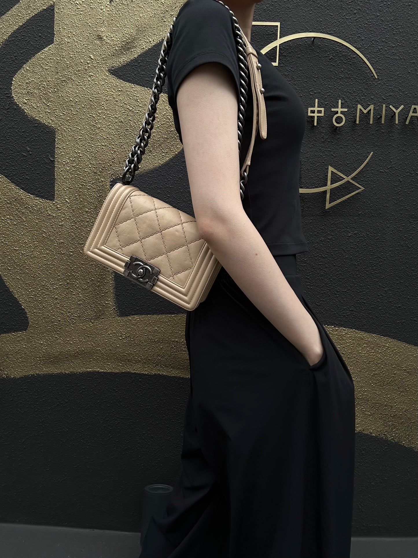 CHANEL Boy Leboy Shoulder Bag Calfskin Beige Silver Hardware
