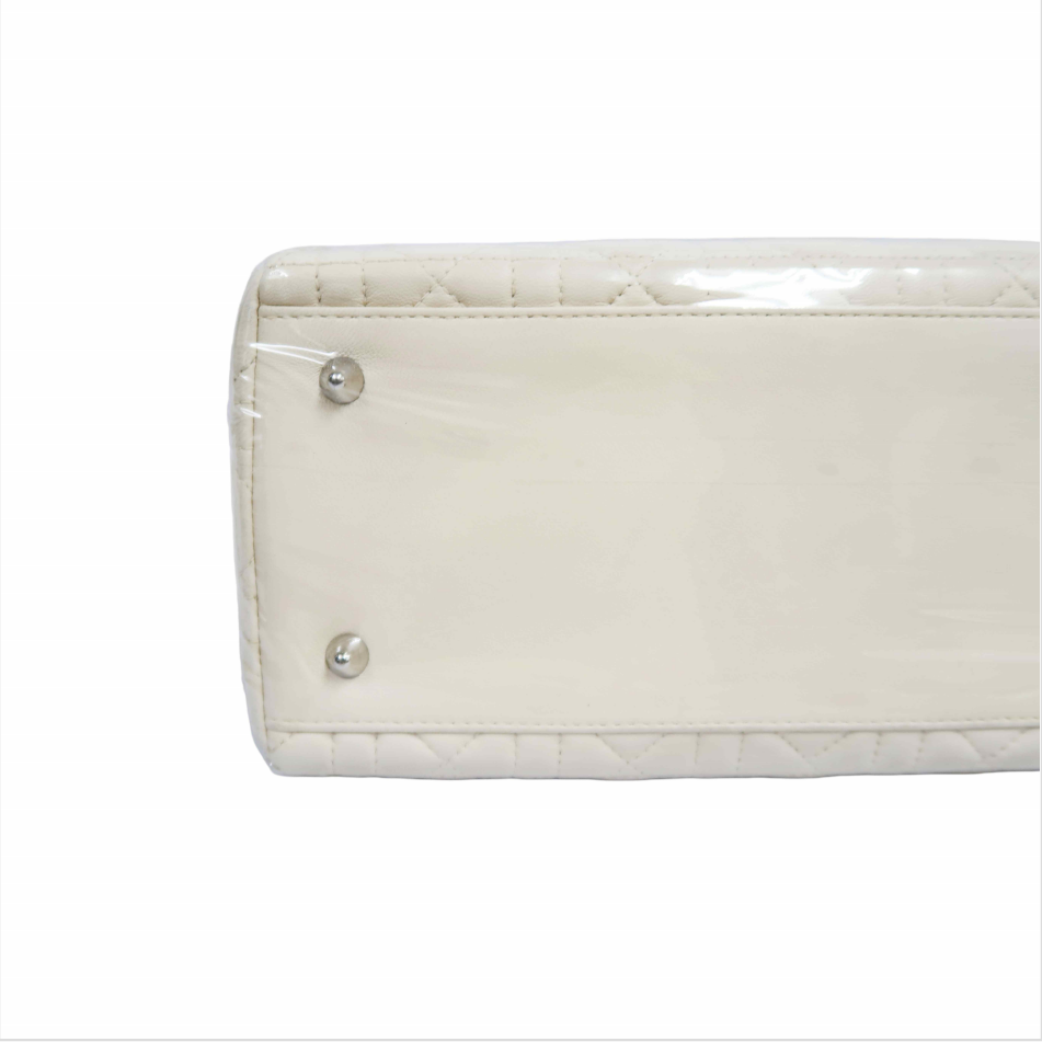 DIOR Cannage Lady Dior Handbag, Lambskin, White, Silver-Tone Hardware, White PVC, 5-Pocket Lady Dior Top Handle Bag