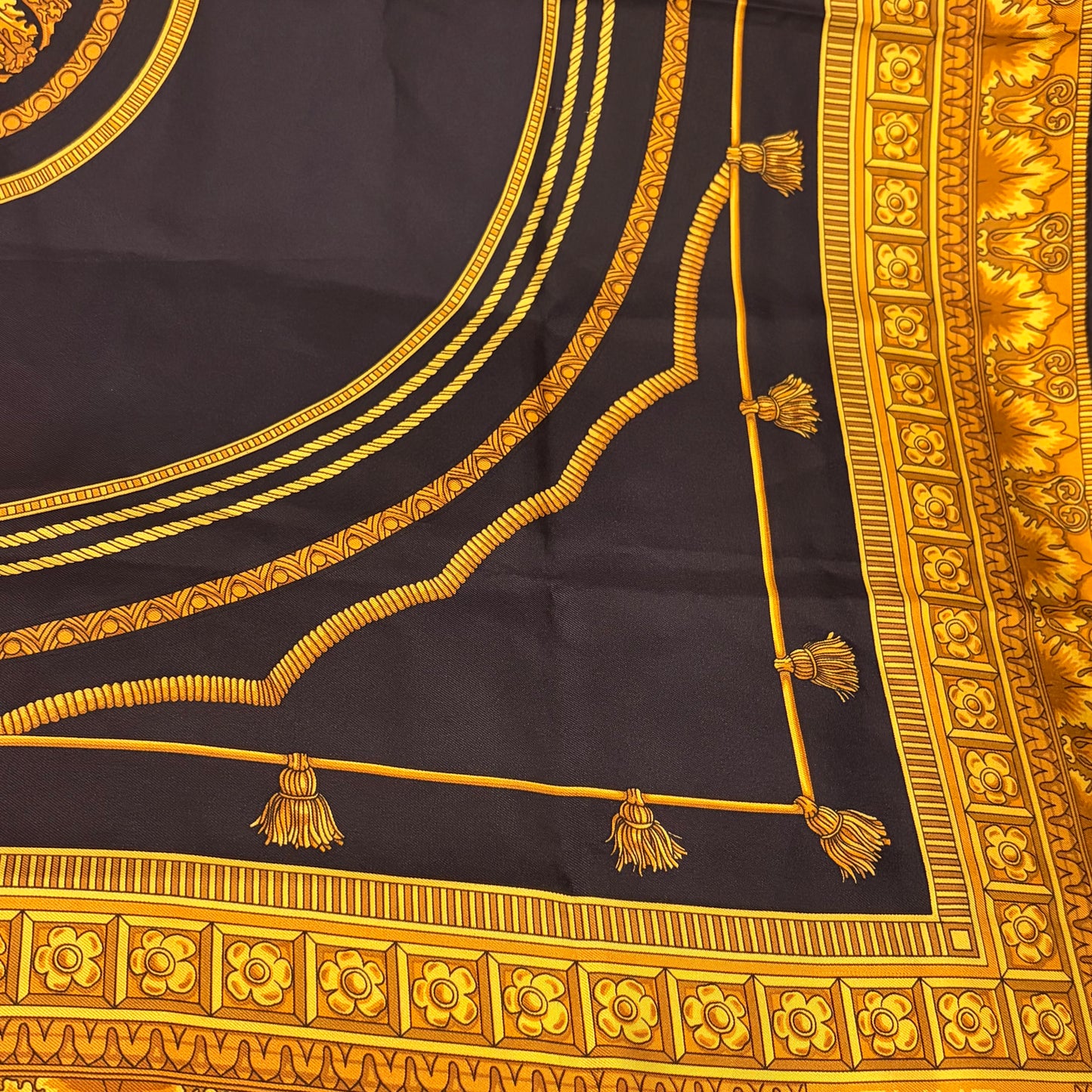 CELINE Vintage Baroque Royal Ornate Large Silk Scarf Black Gold Yellow Classic Pattern 100% Pure Silk Luxury Elegant Collectible Accessory