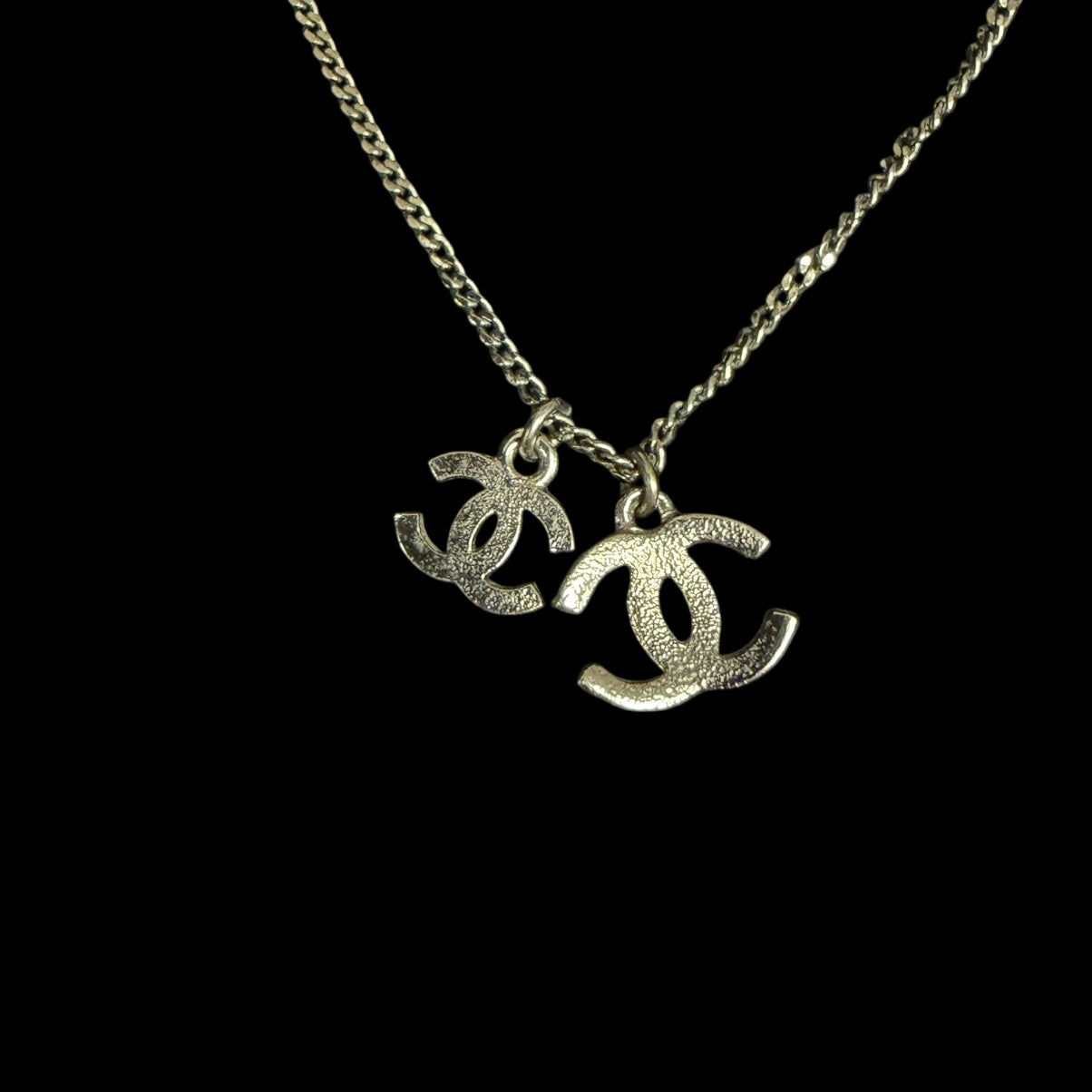 CHANEL Silver Alloy Black Pave Crystal Double CC Pendant Necklace