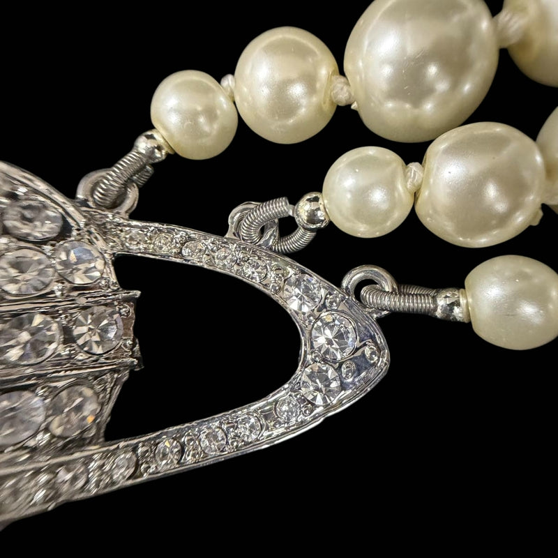 VIVIENNE WESTWOOD 3-Layer Pearl Full Crystal Inlaid Saturn Orb Choker Necklace With Silver Hardware