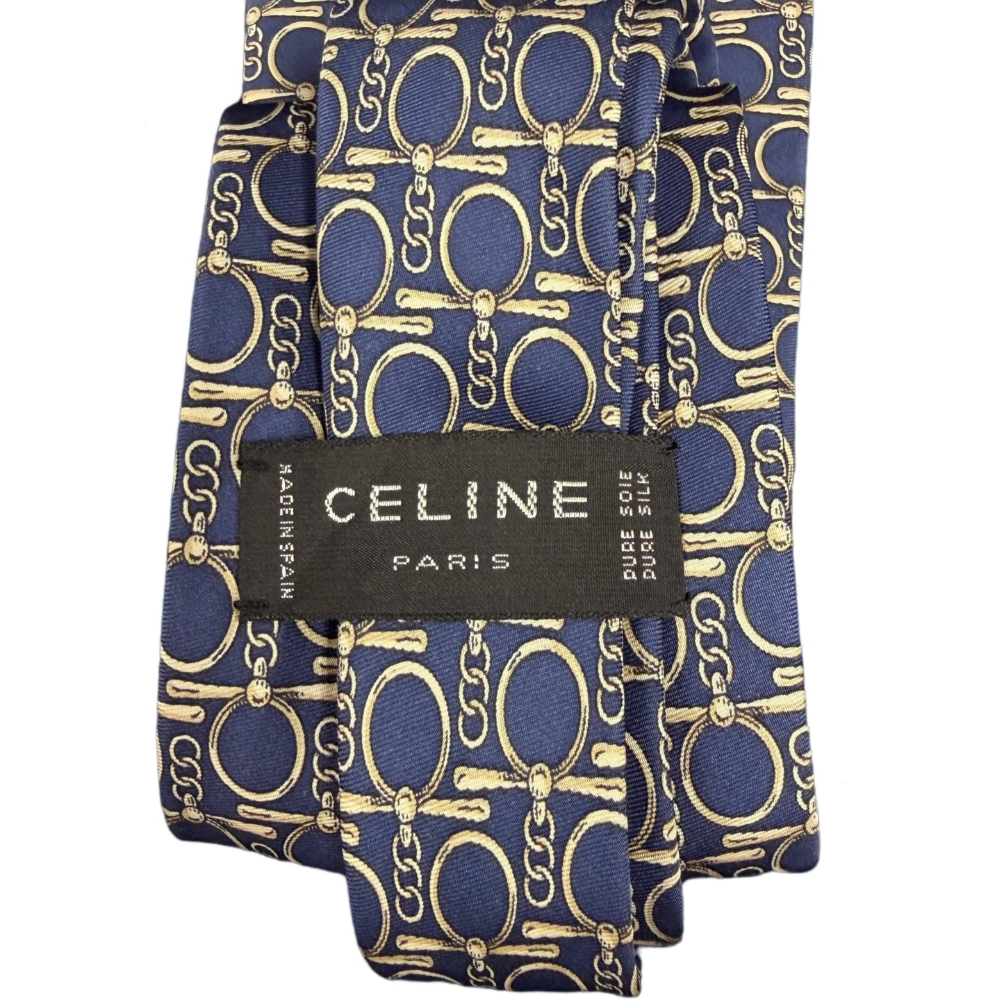 CELINE Macadam Chain Pattern Silk Tie Navy Ivory