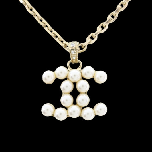 CHANEL Gold Alloy Faux Pearl Logo Necklace With Gold Hardware & Box