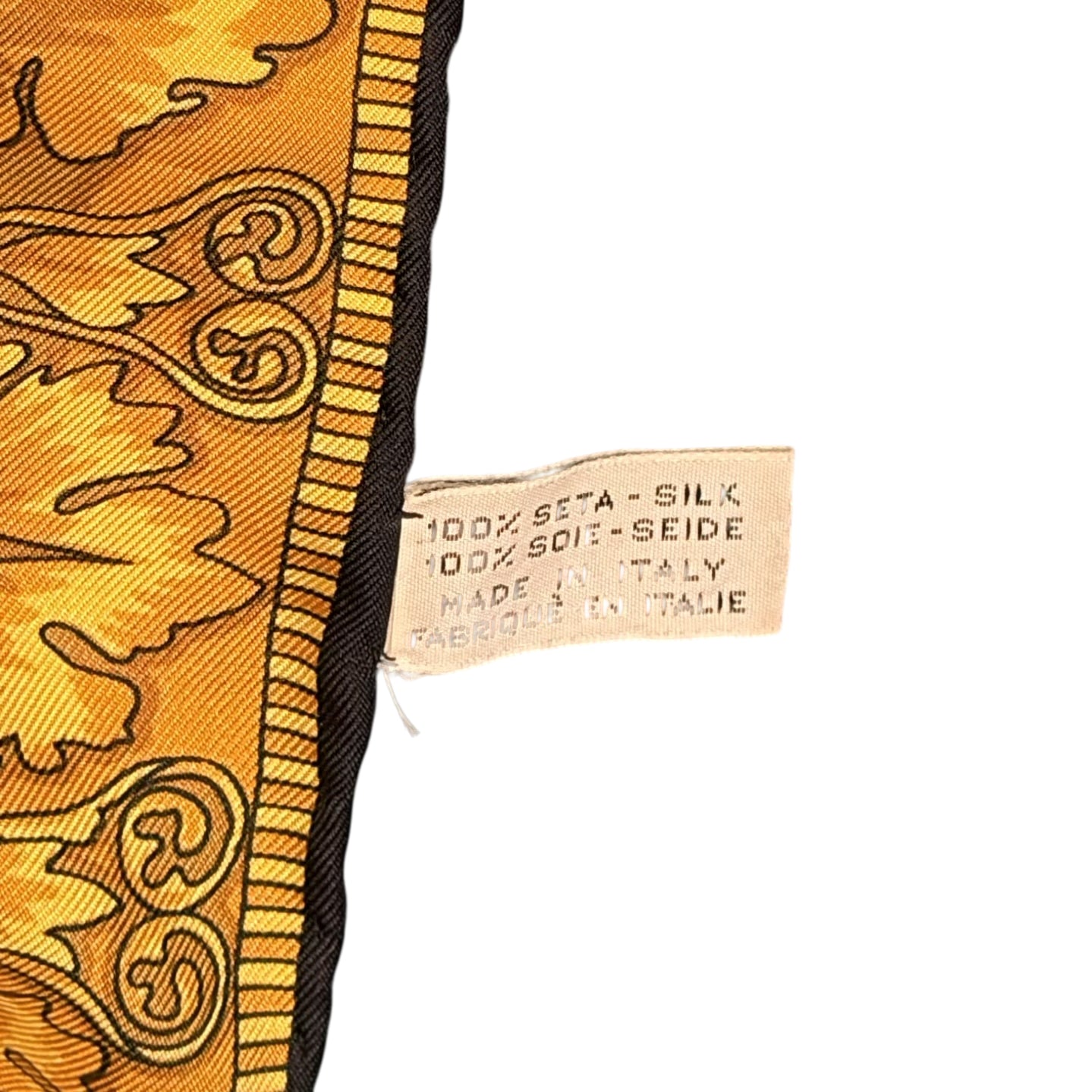 CELINE Vintage Baroque Royal Ornate Large Silk Scarf Black Gold Yellow Classic Pattern 100% Pure Silk Luxury Elegant Collectible Accessory