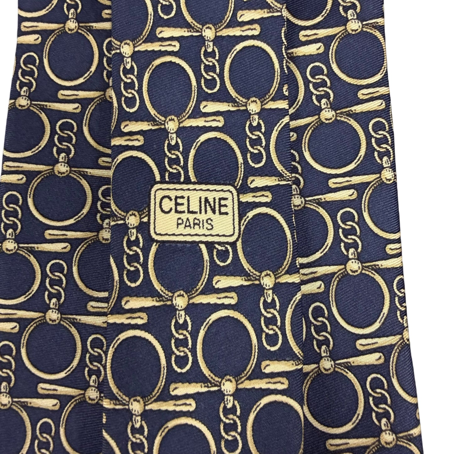 CELINE Macadam Chain Pattern Silk Tie Navy Ivory