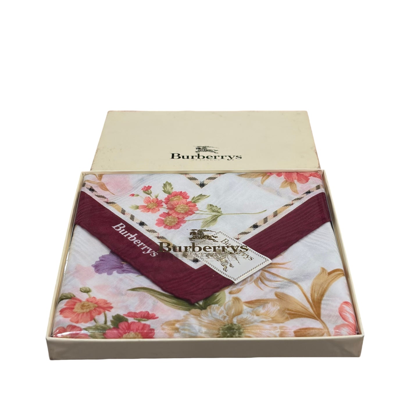 BURBERRY Large Square Scarf Cotton Bordeaux Multi-color Floral Print Retro Elegant