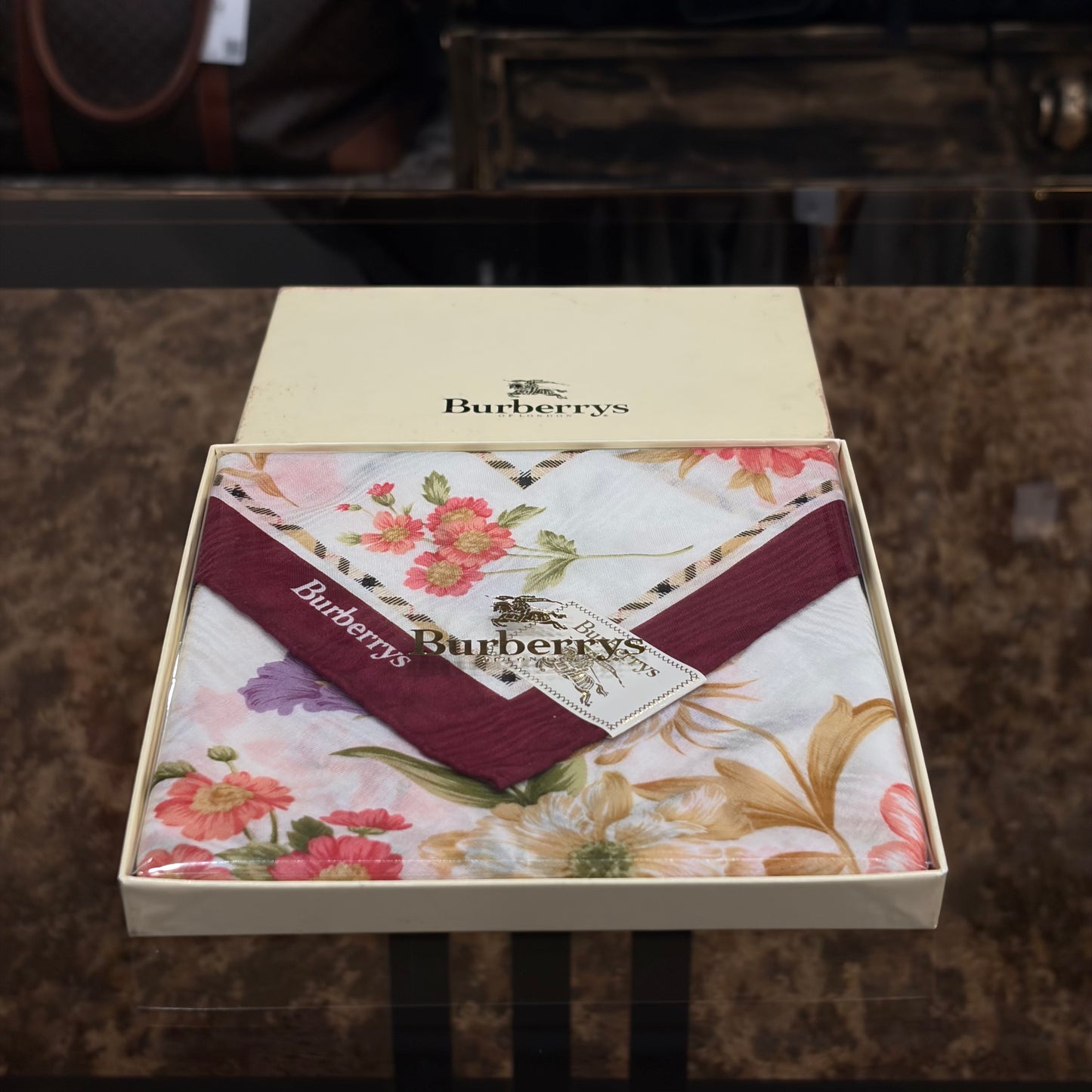 BURBERRY Large Square Scarf Cotton Bordeaux Multi-color Floral Print Retro Elegant