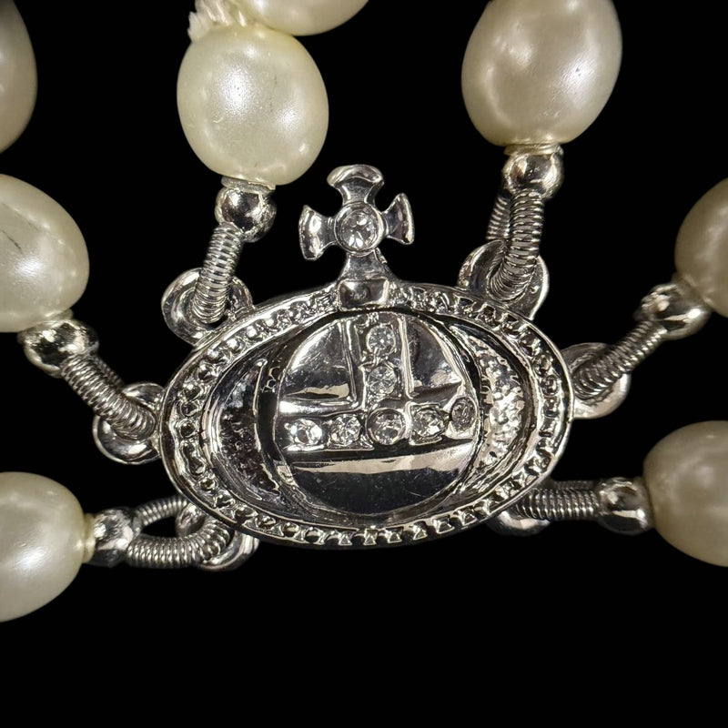 VIVIENNE WESTWOOD 3-Layer Pearl Full Crystal Inlaid Saturn Orb Choker Necklace With Silver Hardware
