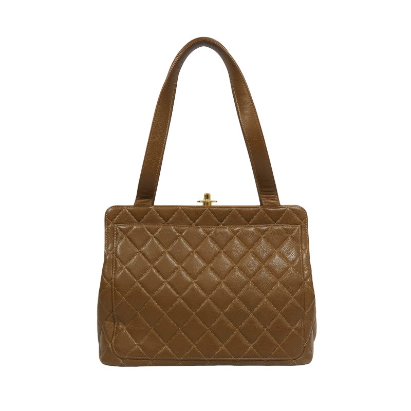 CHANEL Quilted 2-Way Handbag, Caviar Leather, Brown, Gold-Tone Hardware