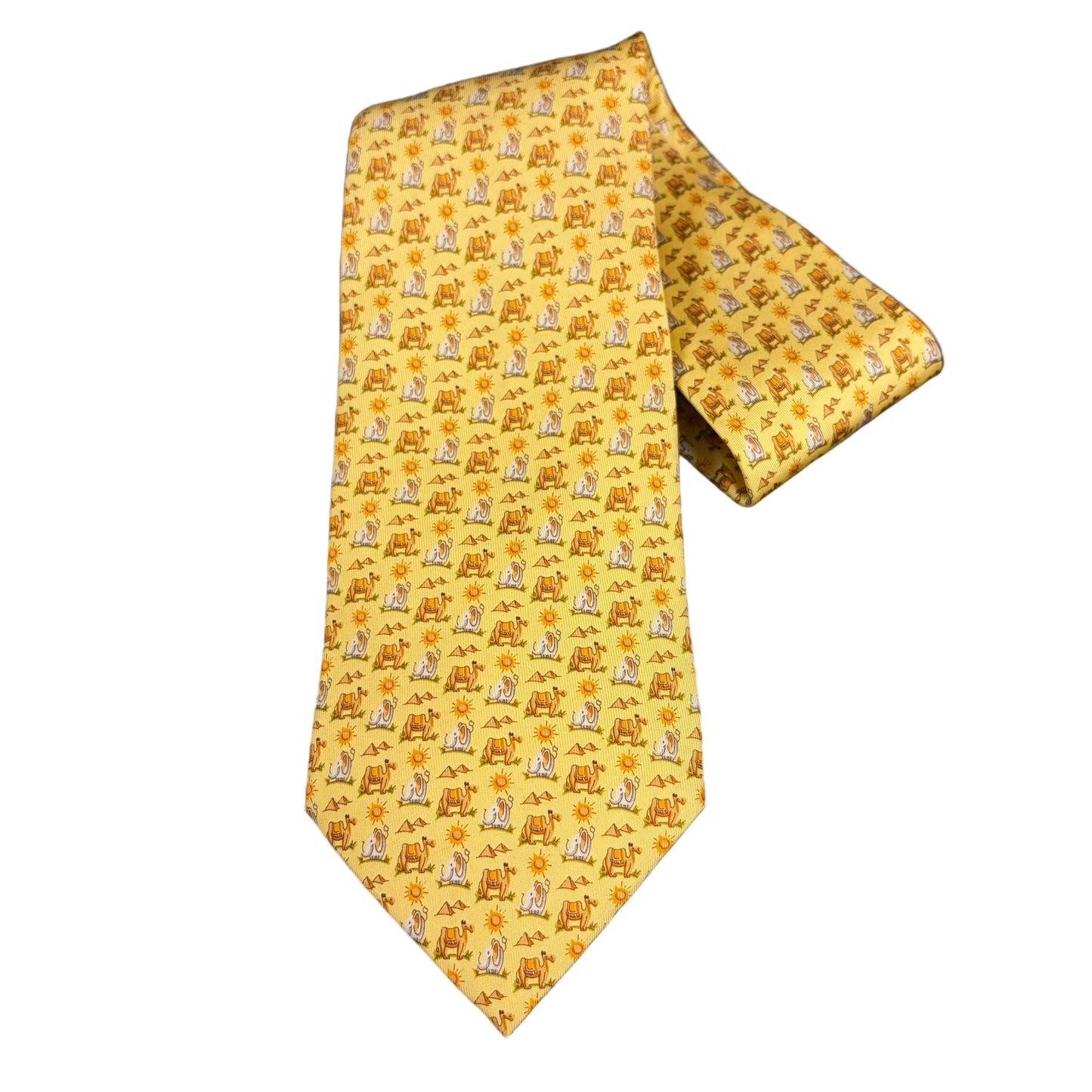 FERRAGAMO Camel Animal Print Silk Tie Yellow