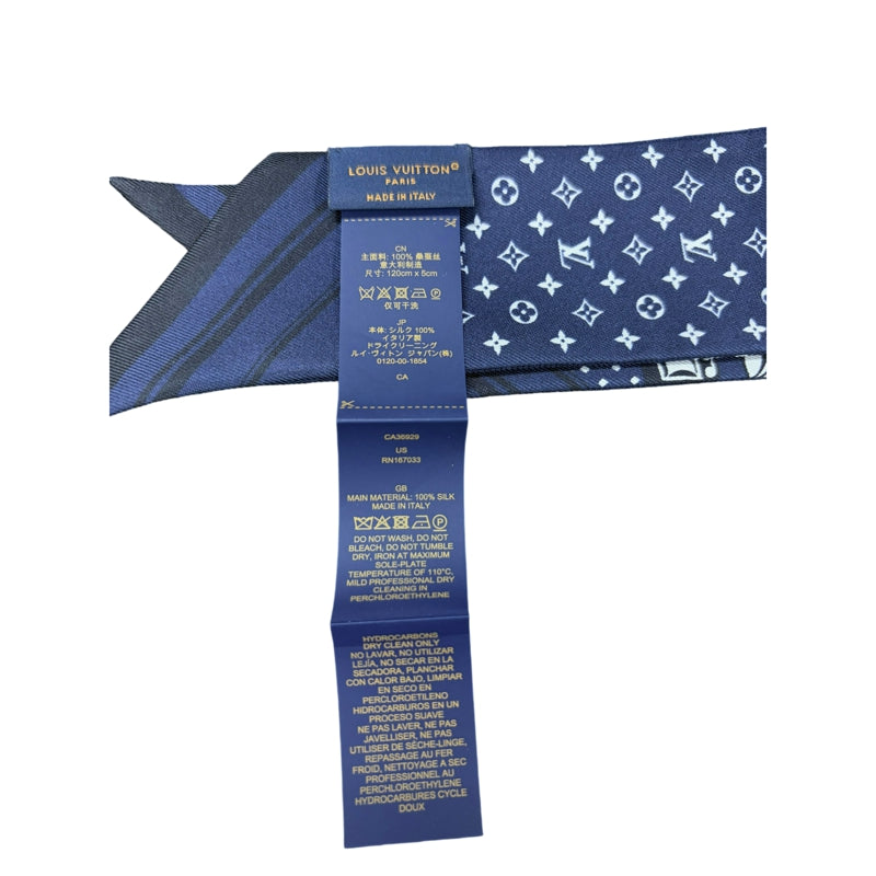 LOUIS VUITTON Bandeau BB Nautical Rope  Buckle Strap 100% Pure Silk Skinny Scarf Twilly Navy Blue White Monogram Dot Pattern Versatile Bag Handle Wrap Headband Included Original Gift Box Classic Accessory