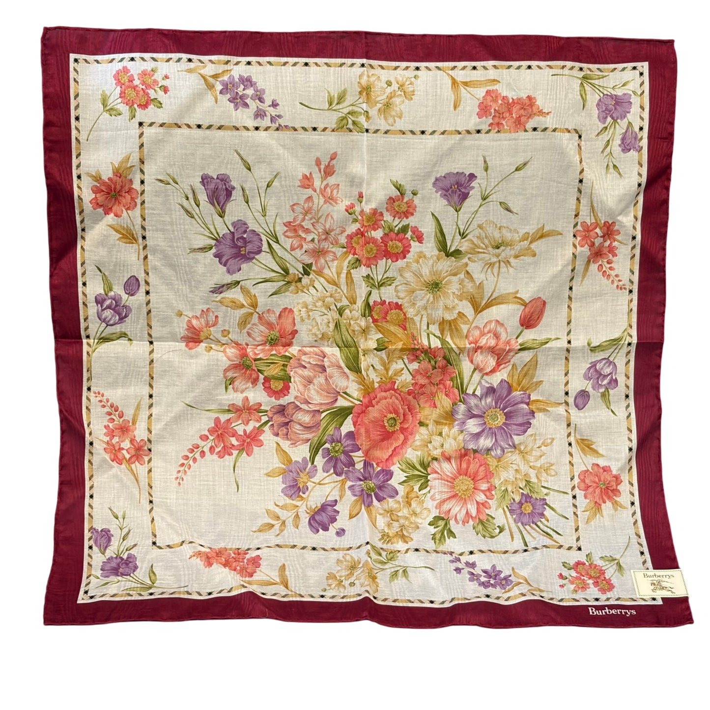 BURBERRY Large Square Scarf Cotton Bordeaux Multi-color Floral Print Retro Elegant
