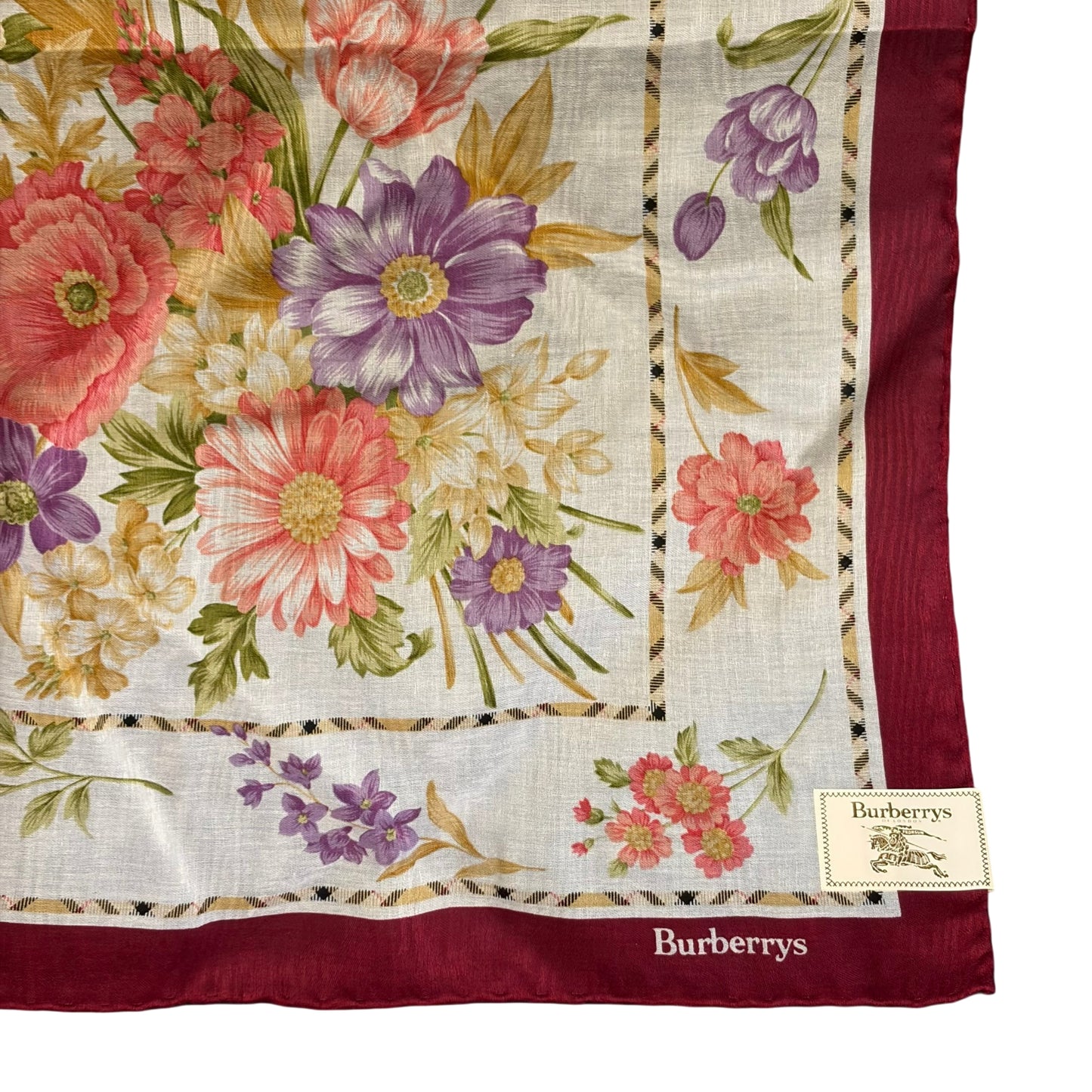 BURBERRY Large Square Scarf Cotton Bordeaux Multi-color Floral Print Retro Elegant