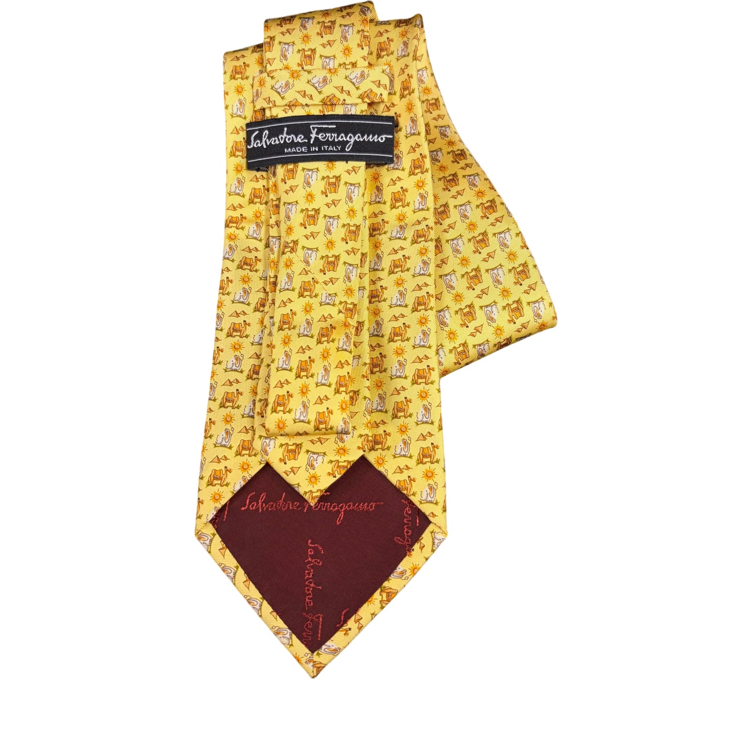 FERRAGAMO Camel Animal Print Silk Tie Yellow