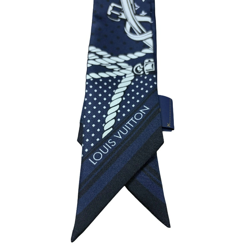 LOUIS VUITTON Bandeau BB Nautical Rope  Buckle Strap 100% Pure Silk Skinny Scarf Twilly Navy Blue White Monogram Dot Pattern Versatile Bag Handle Wrap Headband Included Original Gift Box Classic Accessory