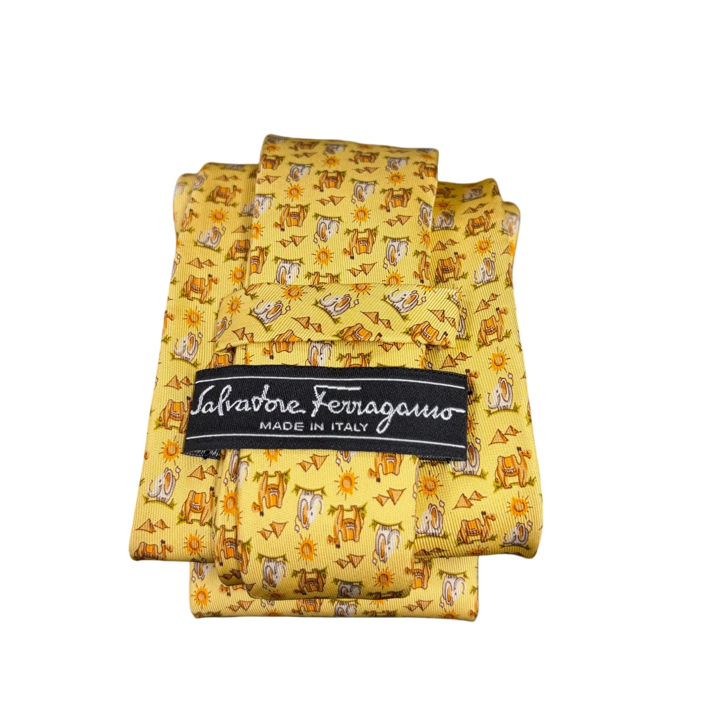 FERRAGAMO Camel Animal Print Silk Tie Yellow