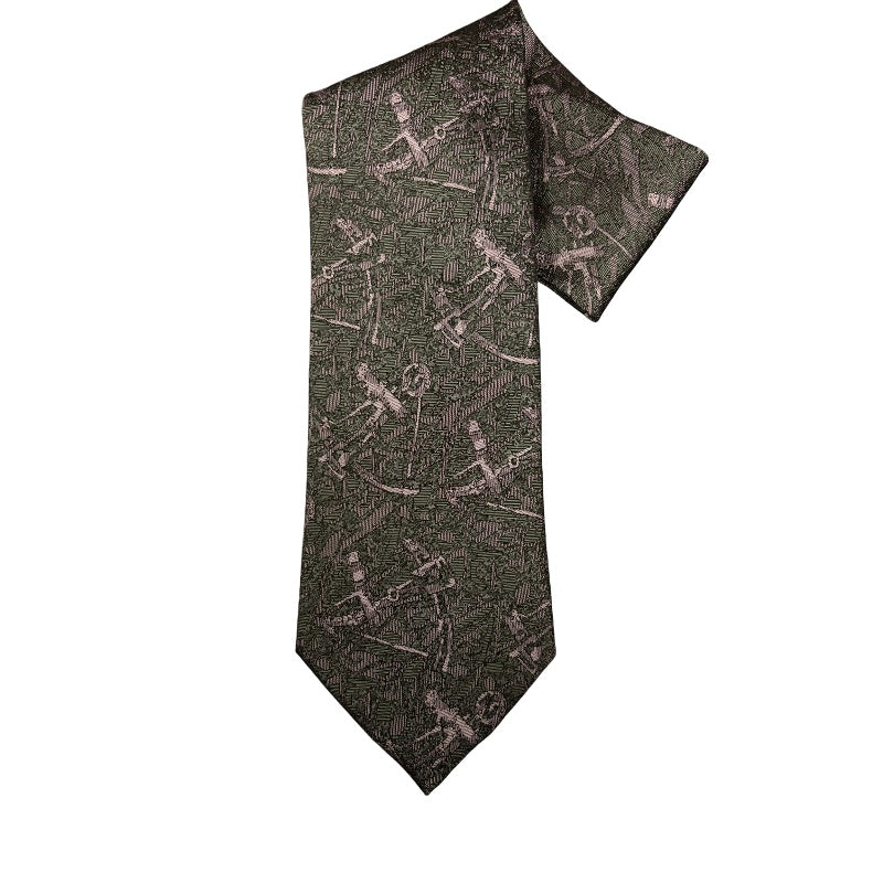 LANCEL Silk Tie, Green and Grey All-over Pattern