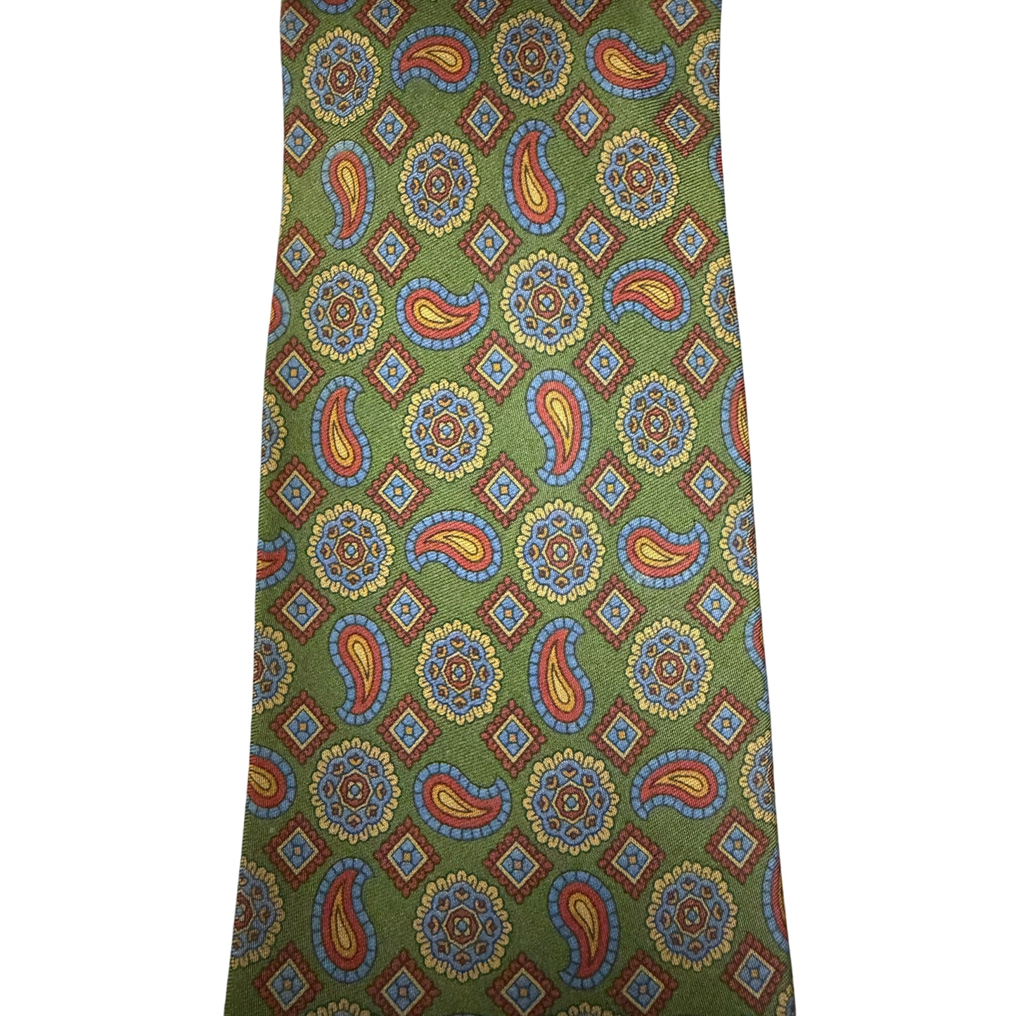 BURBERRY Silk Tie, Green Base with Paisley Pattern