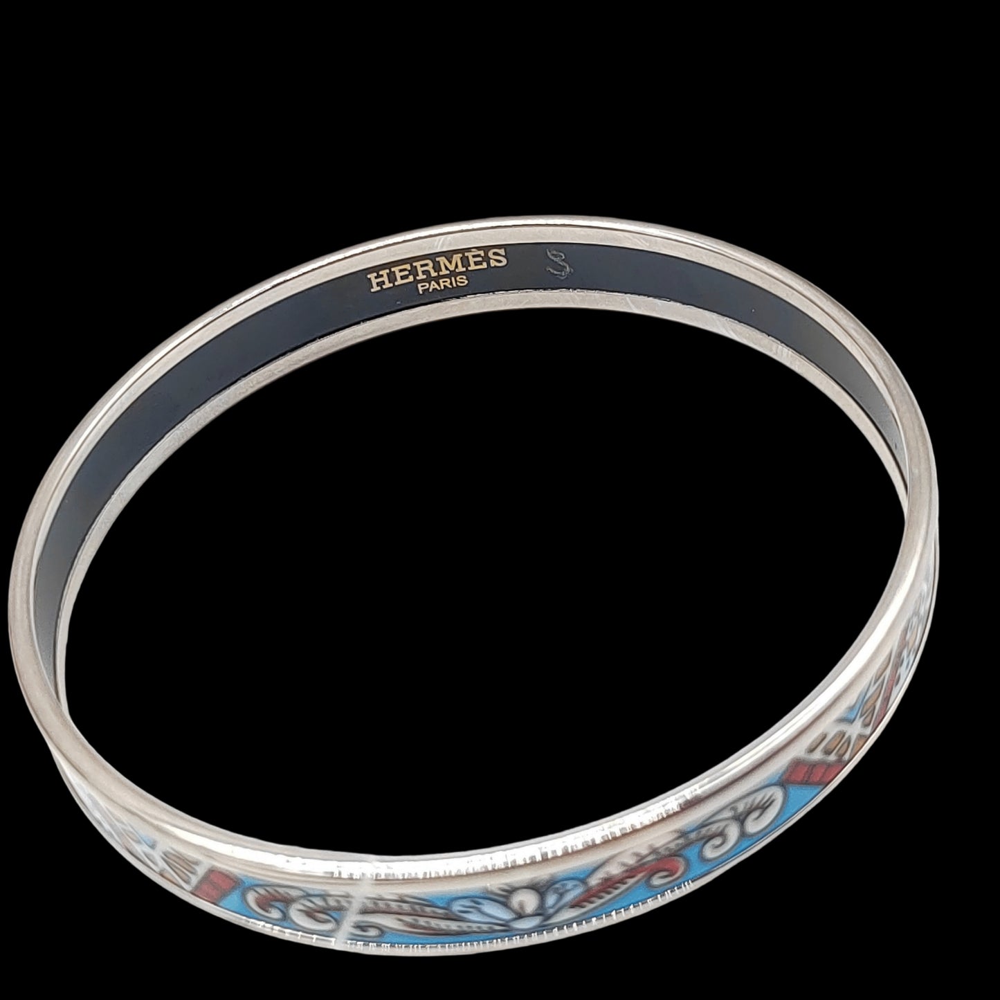 Hermes bangle, silver tone with blue pattern