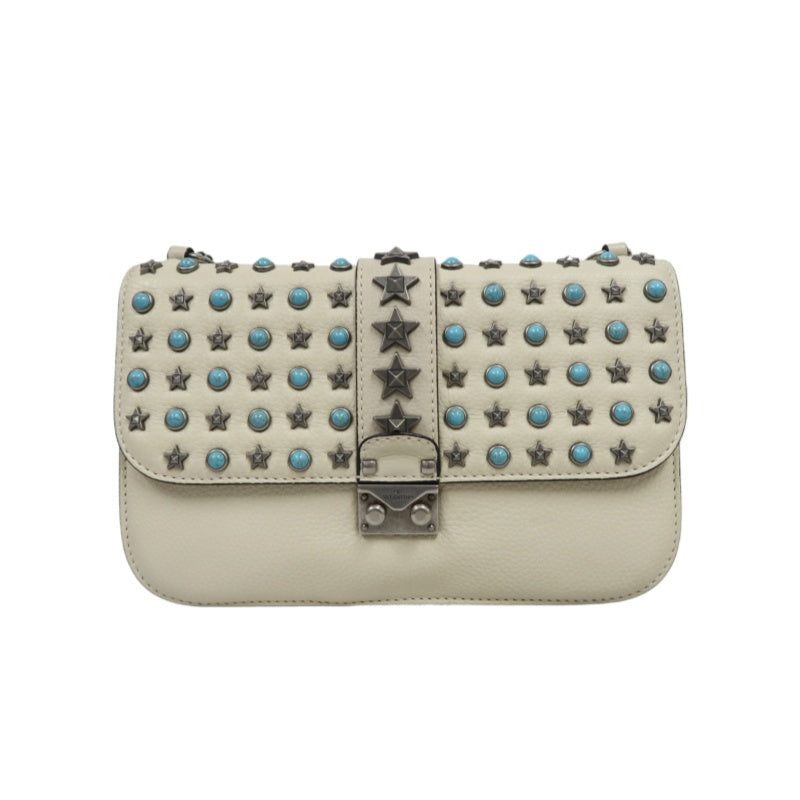 VALENTINO  Rockstud Glam Lock Shoulder Bag Calfskin Off-White White Turquoise