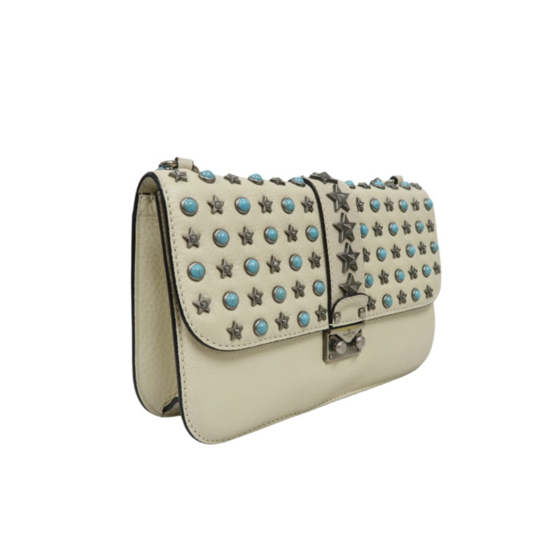VALENTINO  Rockstud Glam Lock Shoulder Bag Calfskin Off-White White Turquoise